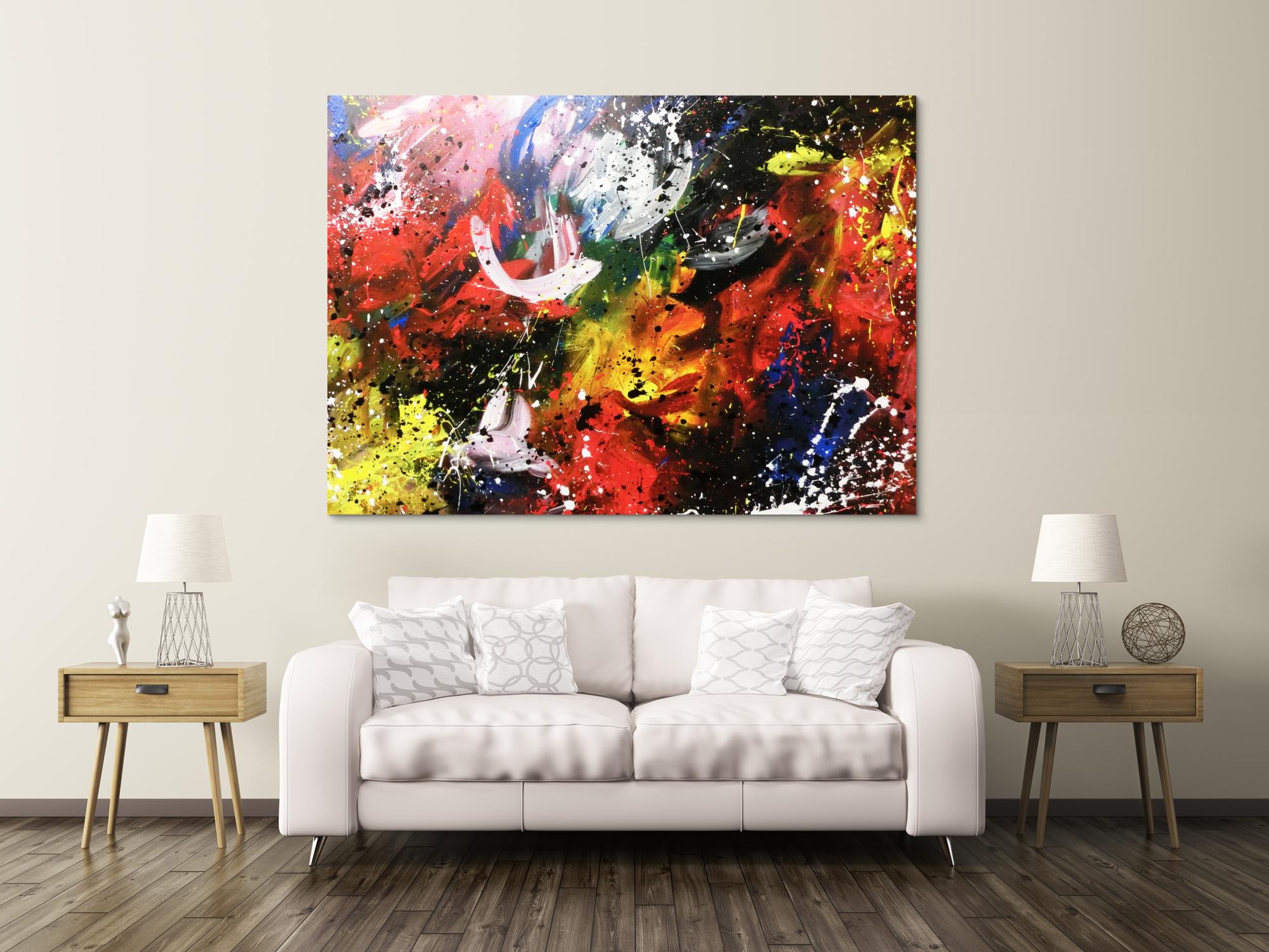 Abstraktes Acrylbild sehr bunt zeitgenössisch Action Painting sehr modern viele Farben