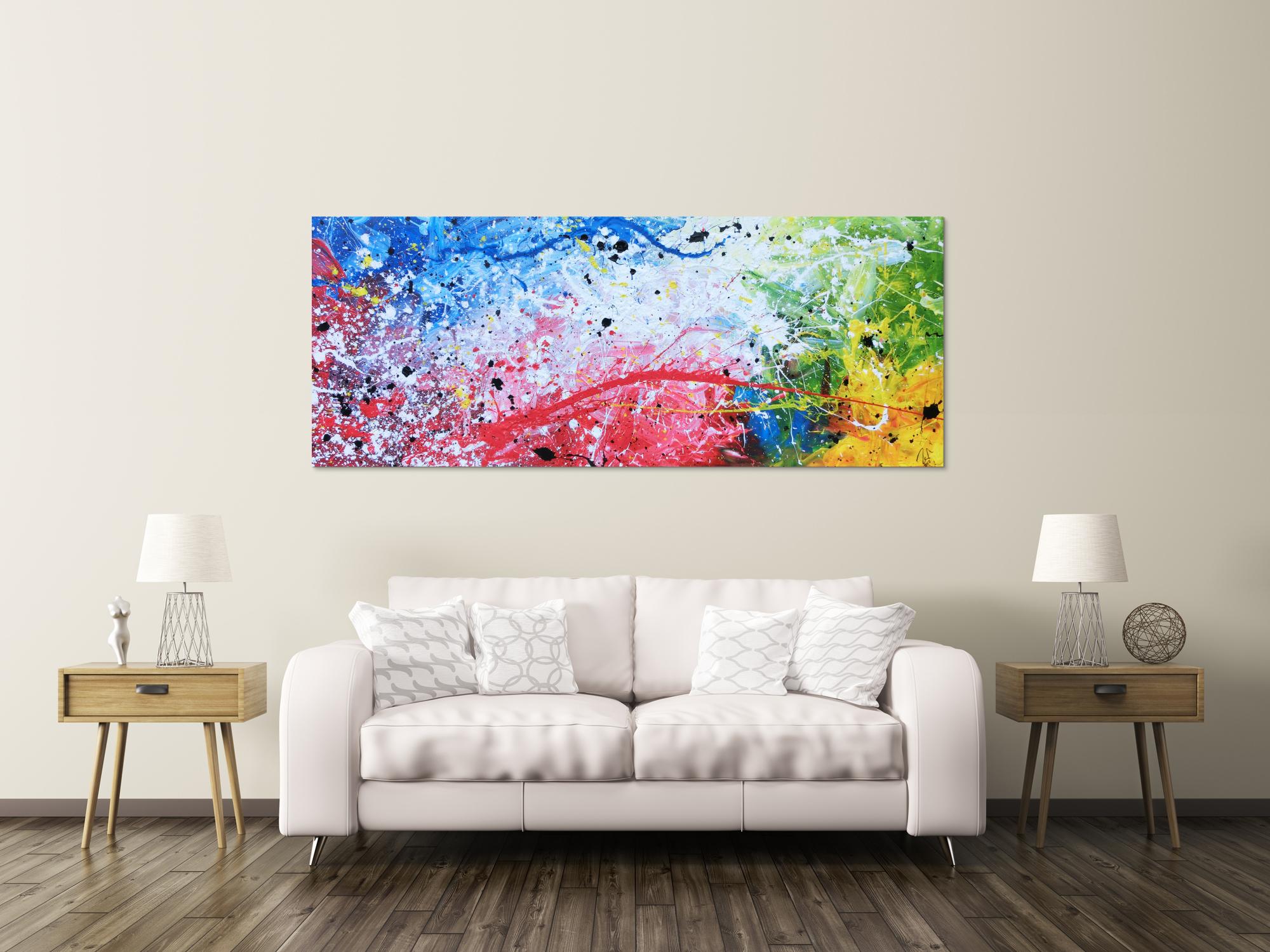 Abstraktes Acrylbild sehr modern bunt helle Farben rot weiß grün blau gelb