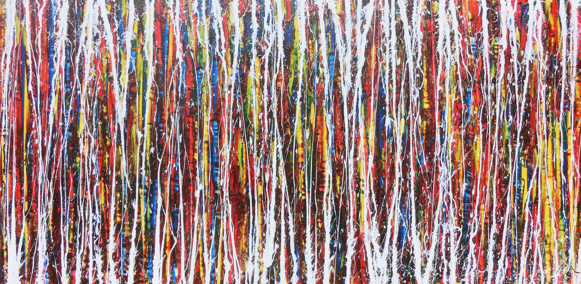 Abstraktes Acrylbild Action Painting sehr bunt modern weiße und bunte Streifen