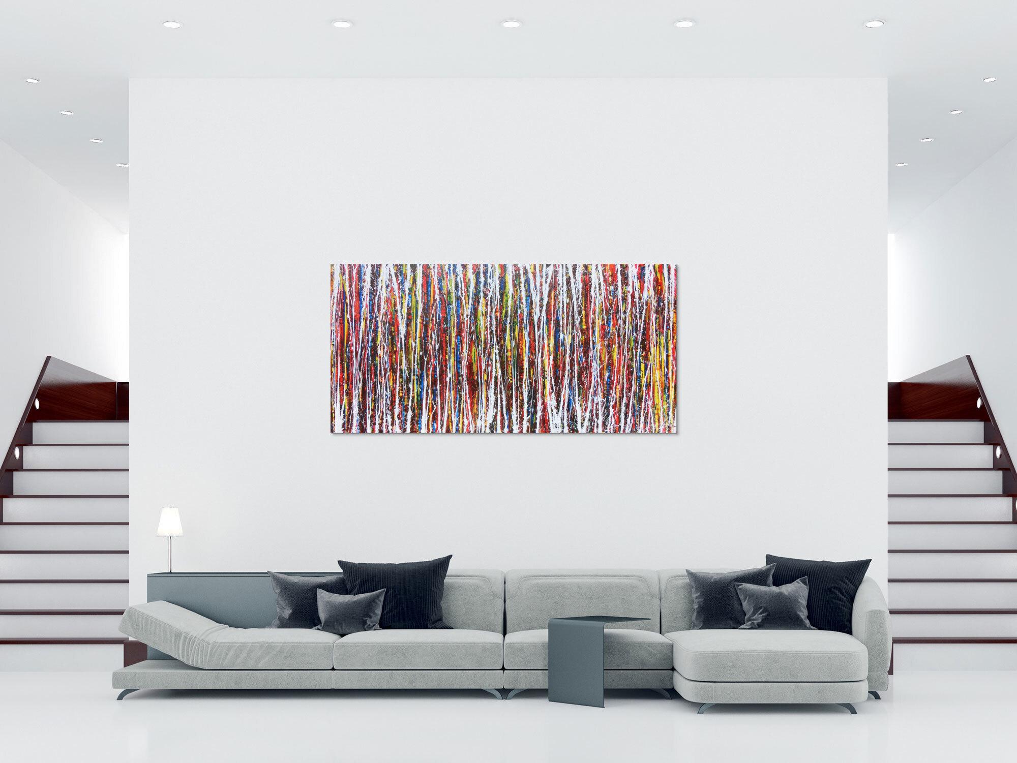 Abstraktes Acrylbild Action Painting sehr bunt modern weiße und bunte Streifen