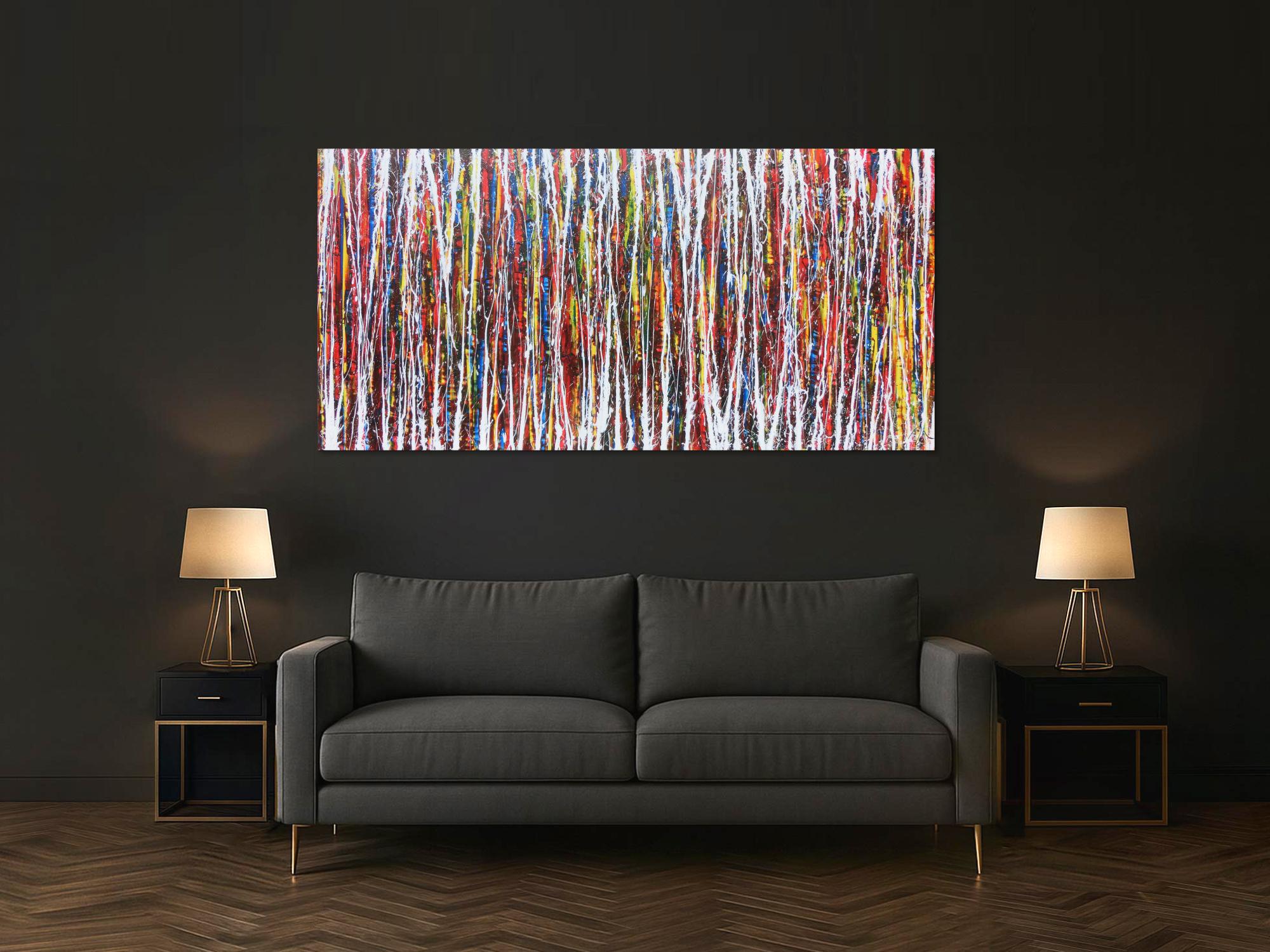 Abstraktes Acrylbild Action Painting sehr bunt modern weiße und bunte Streifen