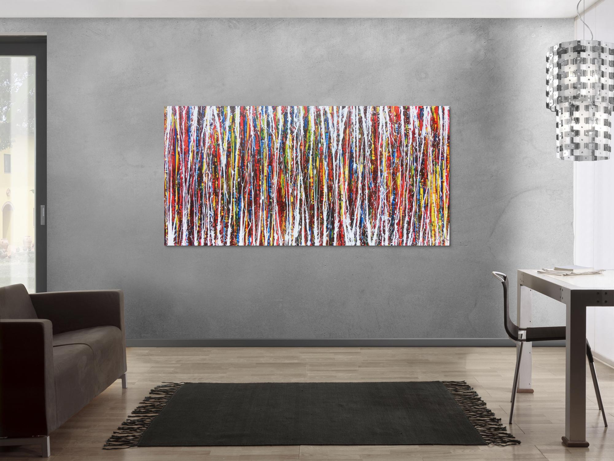 Abstraktes Acrylbild Action Painting sehr bunt modern weiße und bunte Streifen