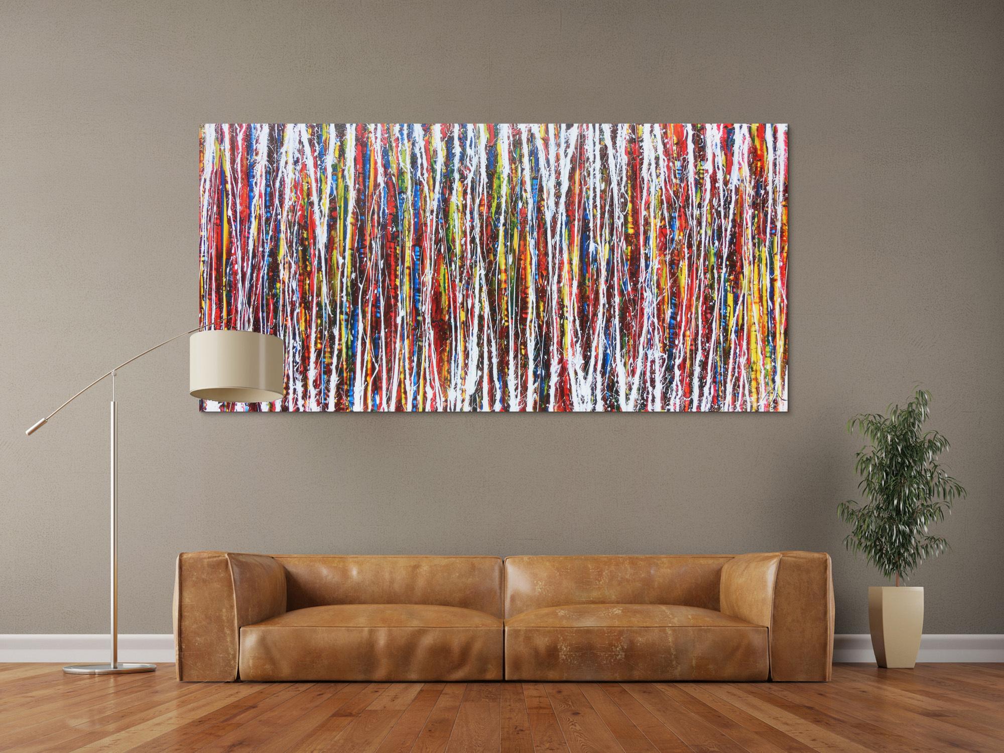 Abstraktes Acrylbild Action Painting sehr bunt modern weiße und bunte Streifen
