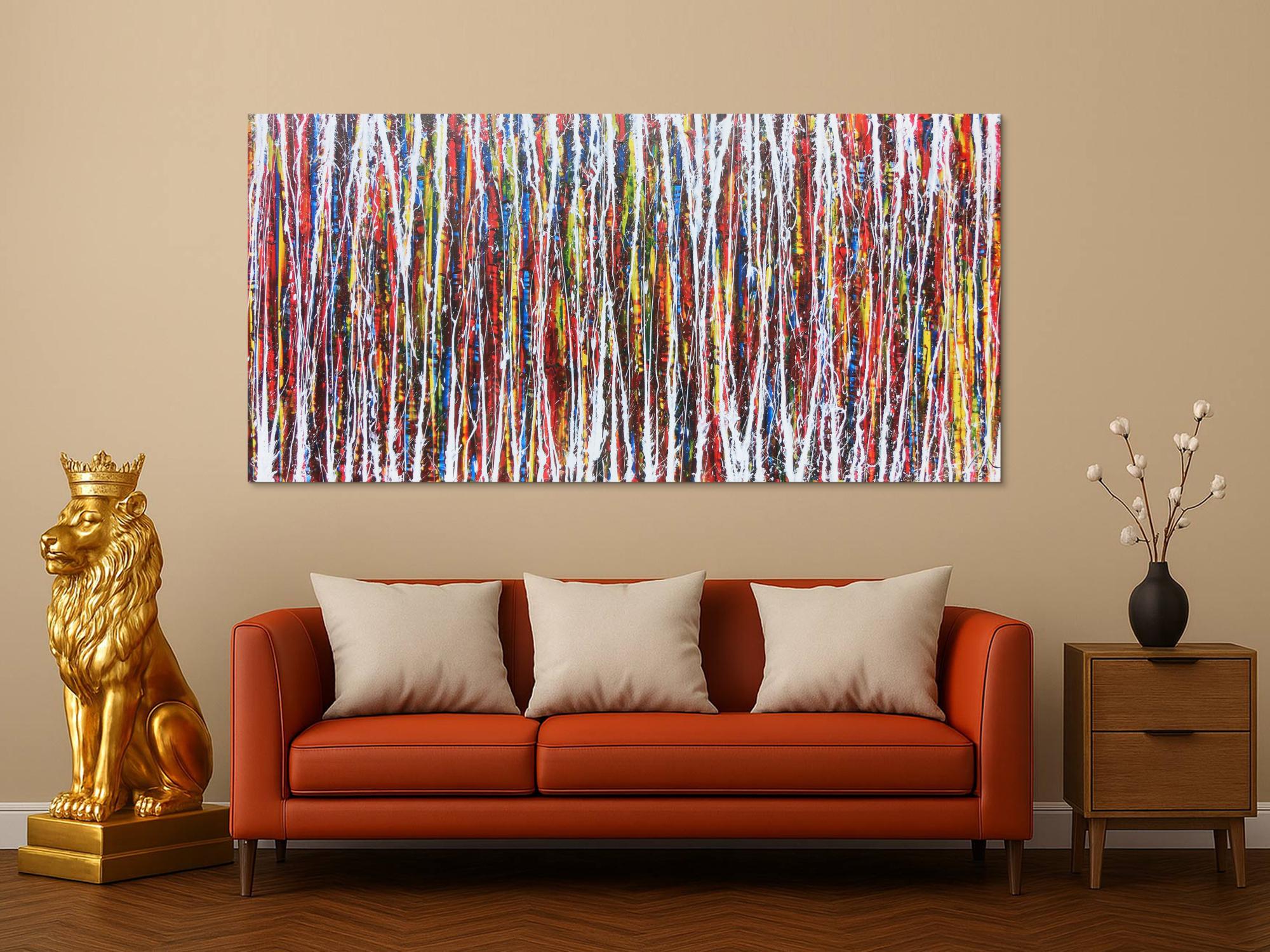 Abstraktes Acrylbild Action Painting sehr bunt modern weiße und bunte Streifen