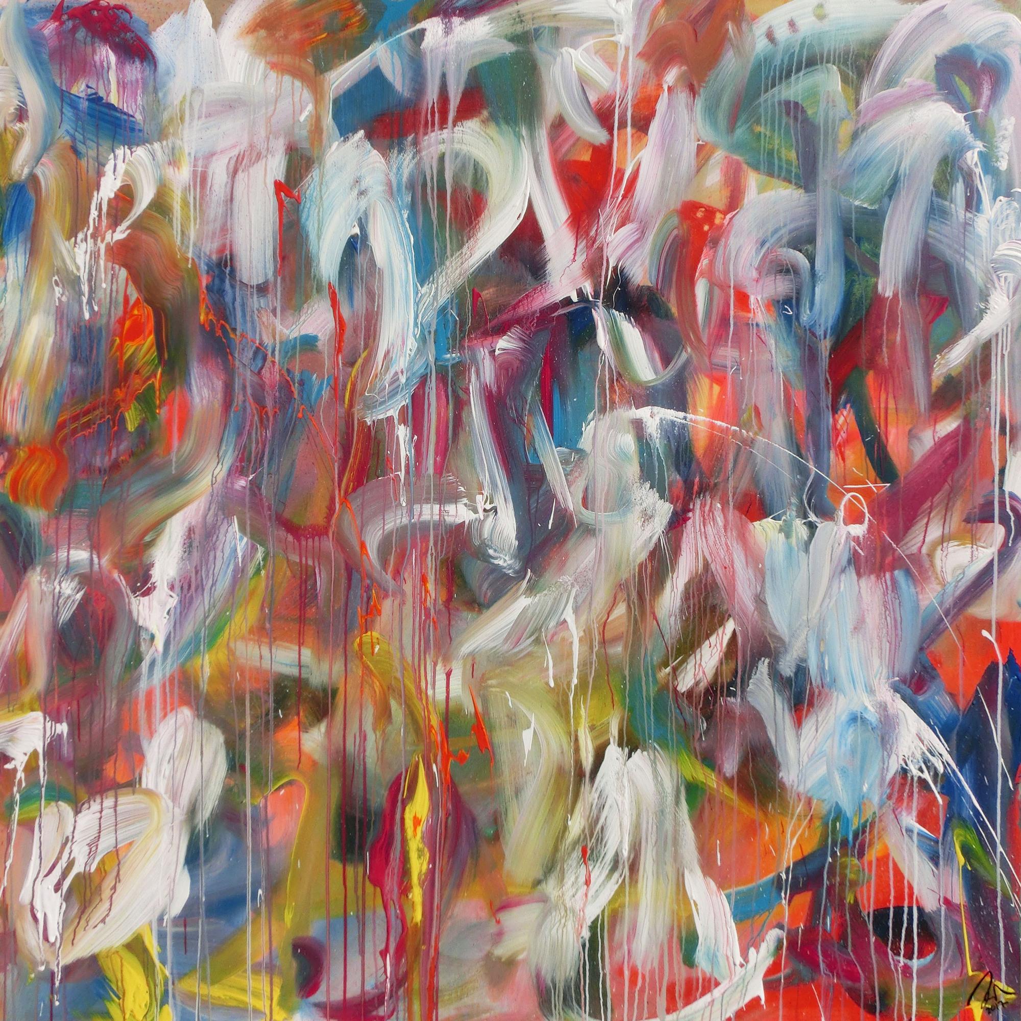 Abstraktes Acrylbild helle Farben sehr bunt modern zeitgenössisch handgemalt