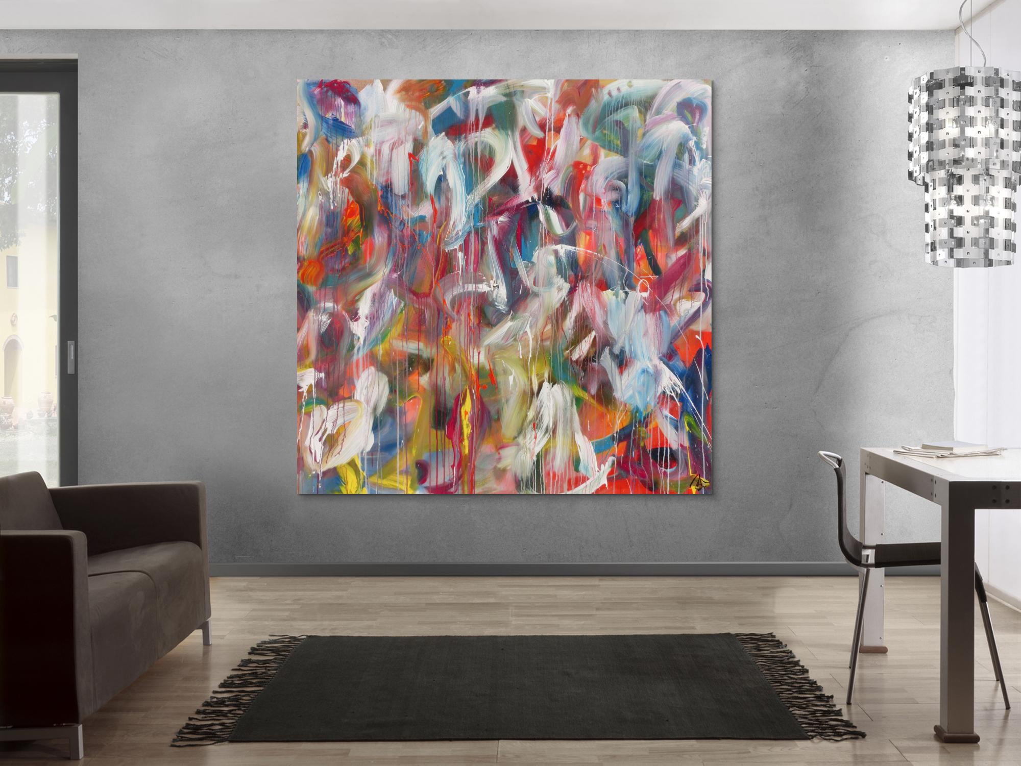 Abstraktes Acrylbild helle Farben sehr bunt modern zeitgenössisch handgemalt