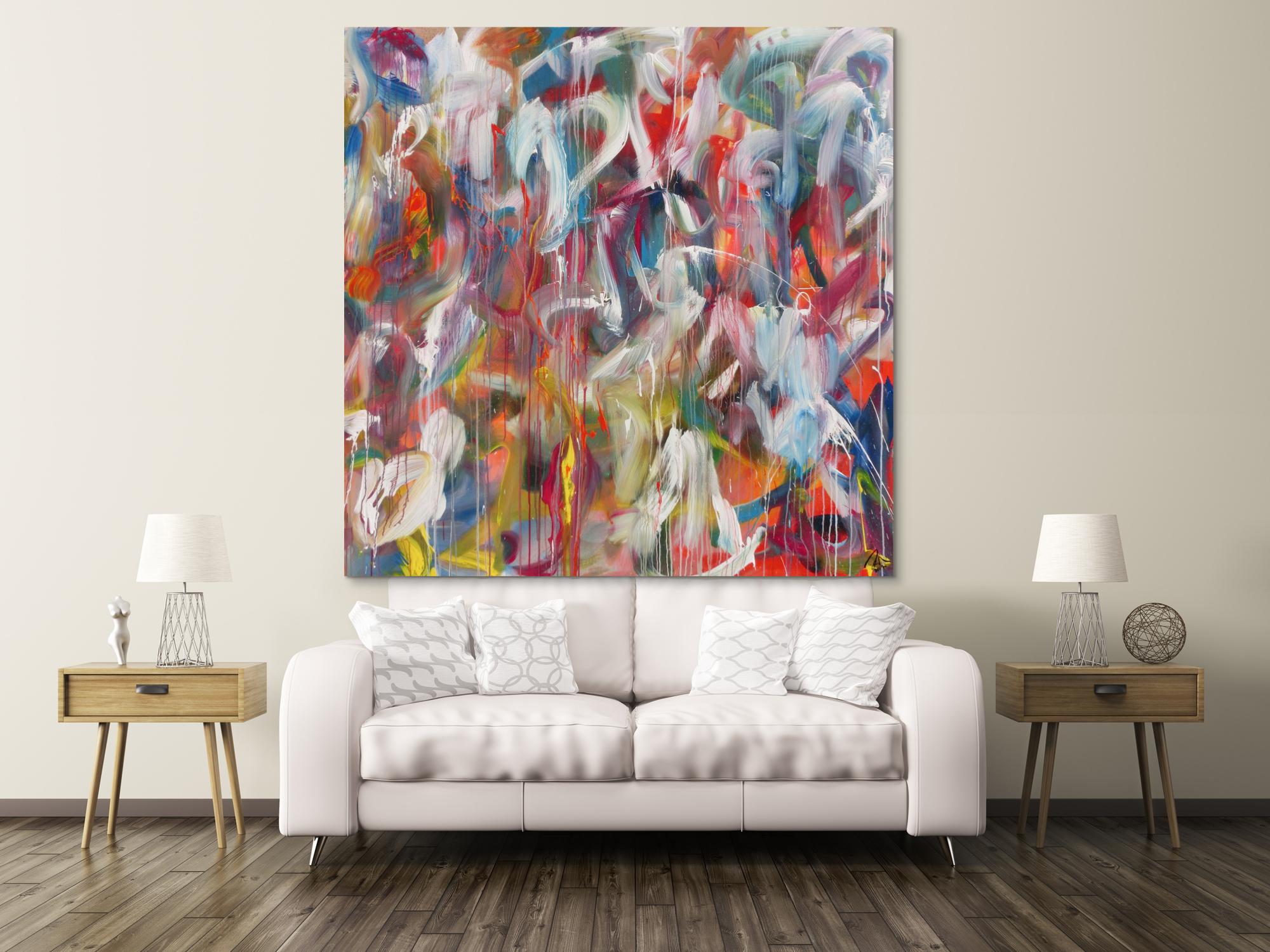 Abstraktes Acrylbild helle Farben sehr bunt modern zeitgenössisch handgemalt