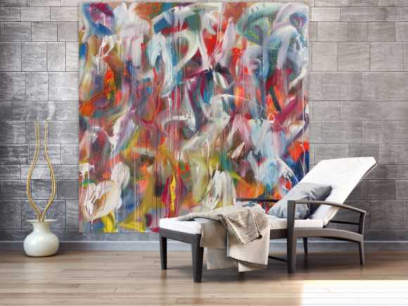 Abstraktes Acrylbild helle Farben sehr bunt modern zeitgenössisch handgemalt