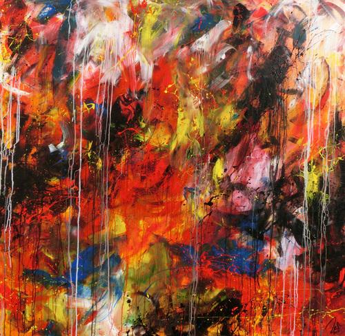 Abstraktes Acrylbild sehr modern bunt denkle Farben rot gelb blau weiß schwarz