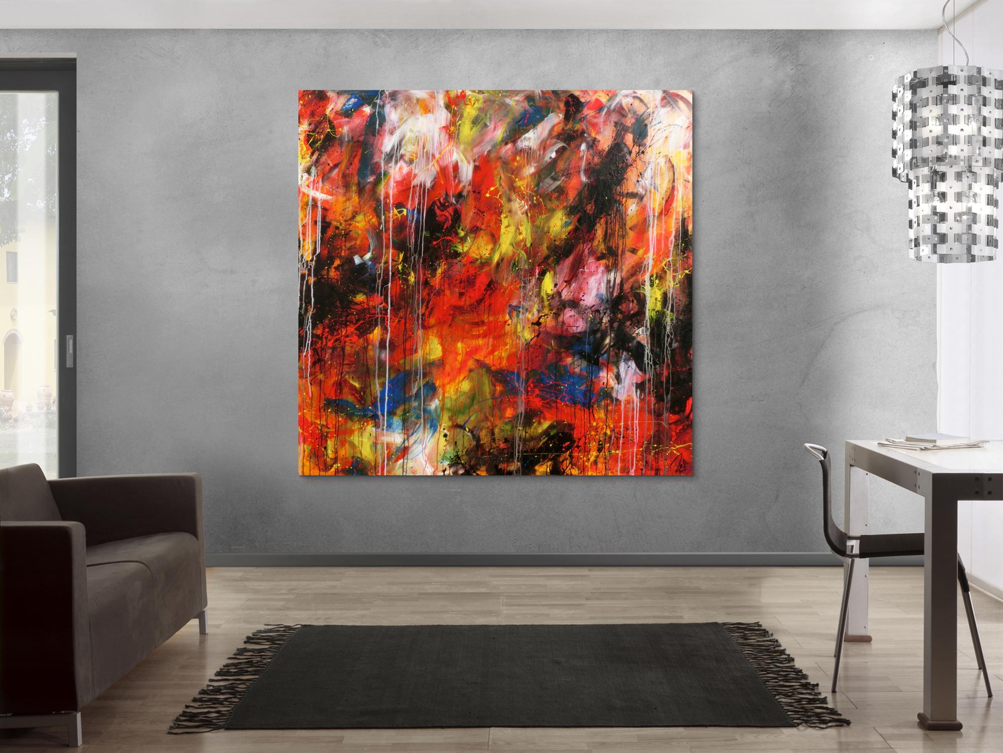 Abstraktes Acrylbild sehr modern bunt denkle Farben rot gelb blau weiß schwarz