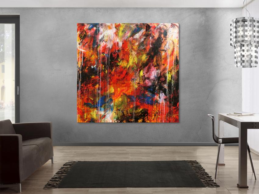 Abstraktes Acrylbild sehr modern bunt denkle Farben rot gelb blau weiß schwarz