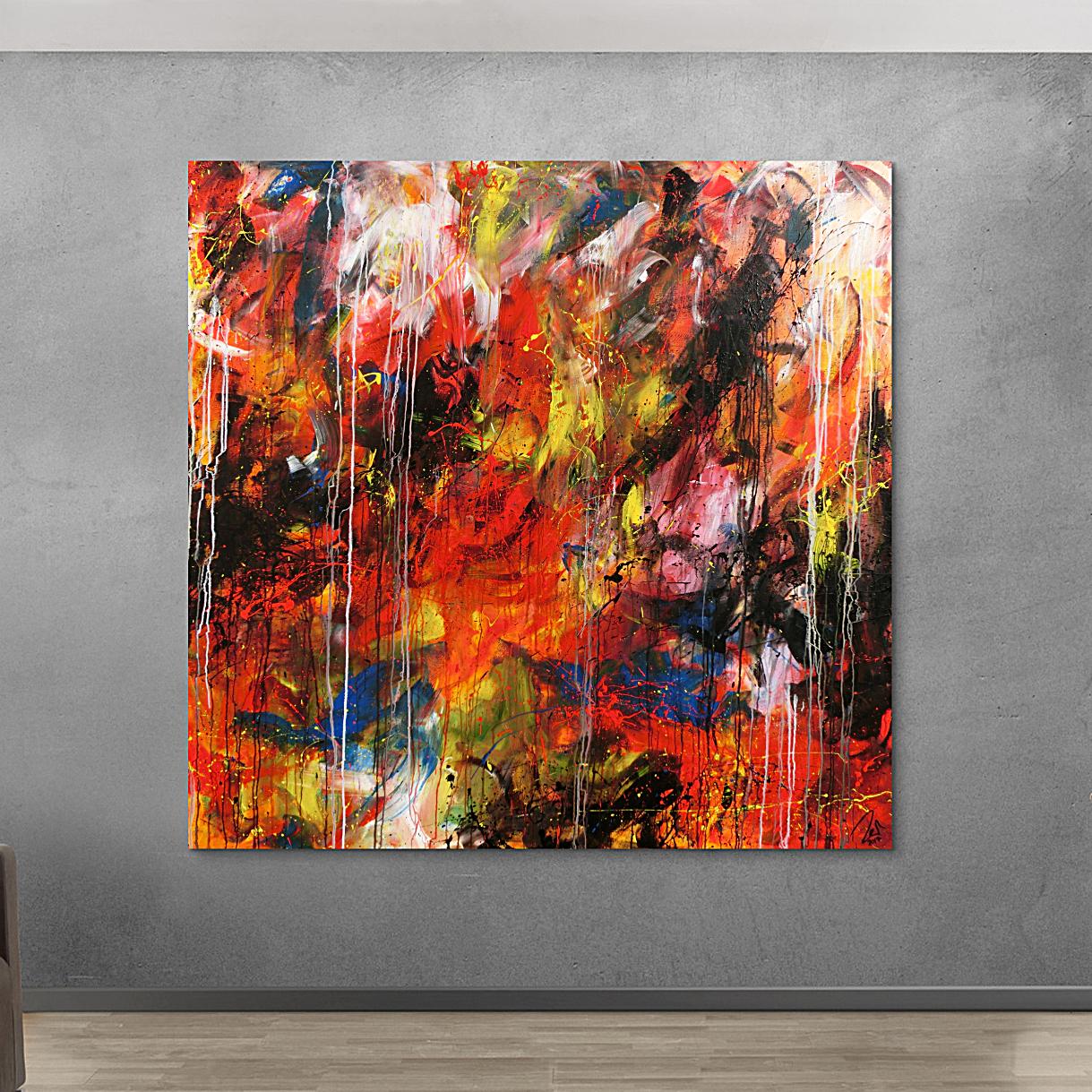Abstraktes Acrylbild sehr modern bunt denkle Farben rot gelb blau weiß schwarz
