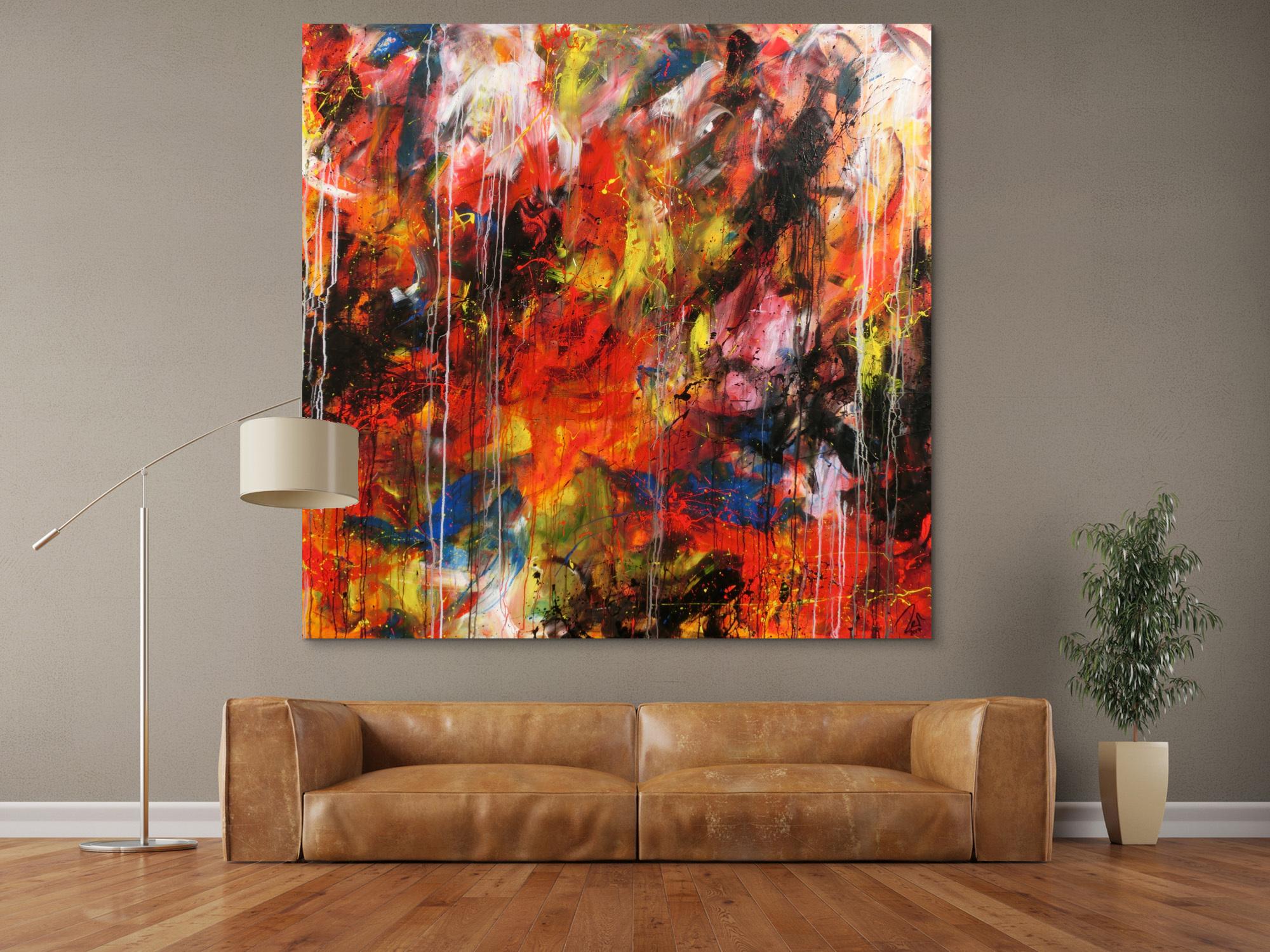 Abstraktes Acrylbild sehr modern bunt denkle Farben rot gelb blau weiß schwarz