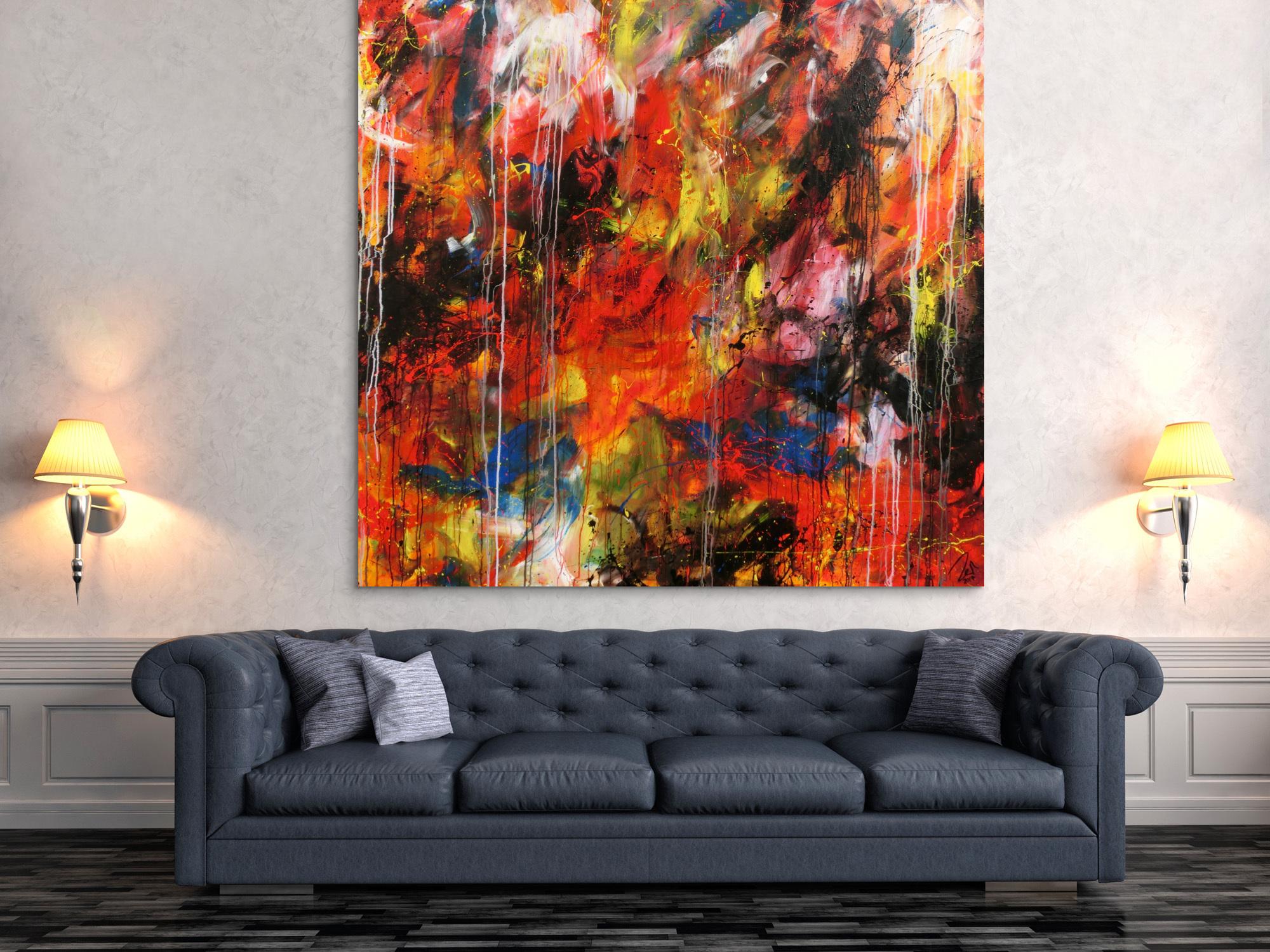 Abstraktes Acrylbild sehr modern bunt denkle Farben rot gelb blau weiß schwarz