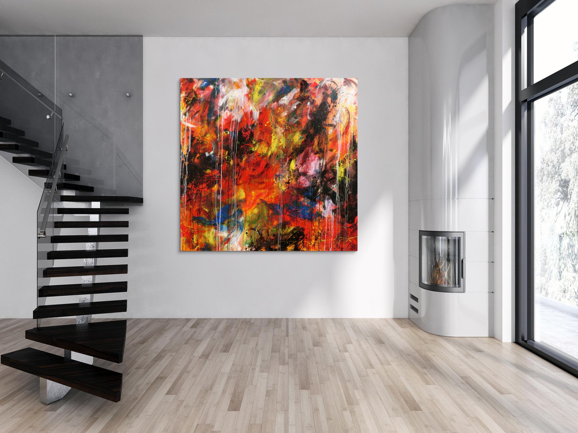 Abstraktes Acrylbild sehr modern bunt denkle Farben rot gelb blau weiß schwarz