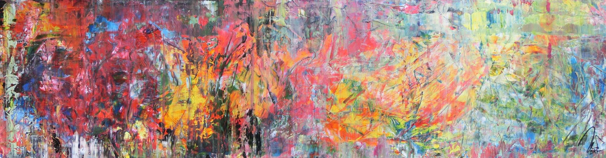 Abstraktes Gemälde Acrylbild Mischtechnik sehr bunt modern Panorama Format