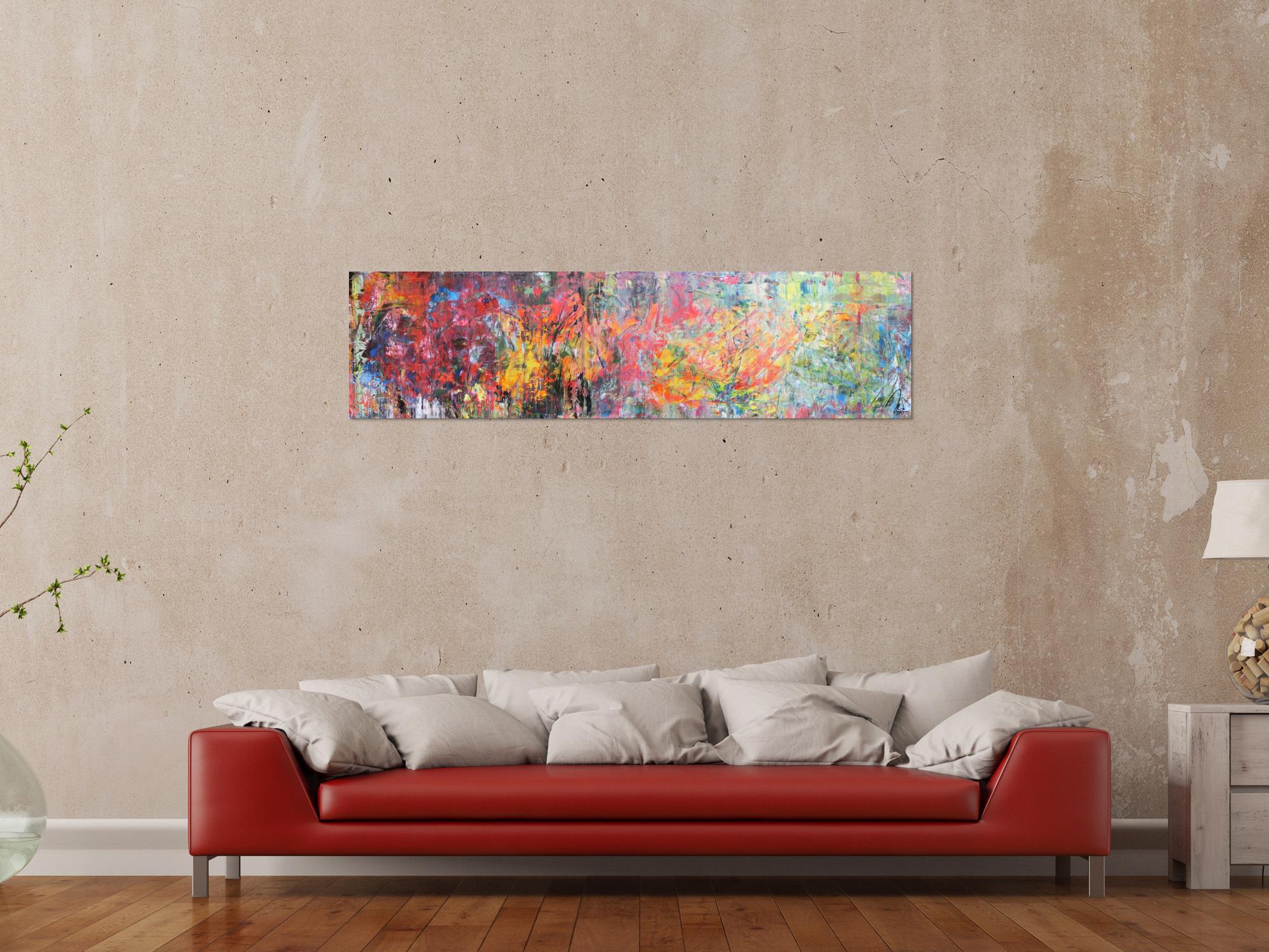 Abstraktes Gemälde Acrylbild Mischtechnik sehr bunt modern Panorama Format