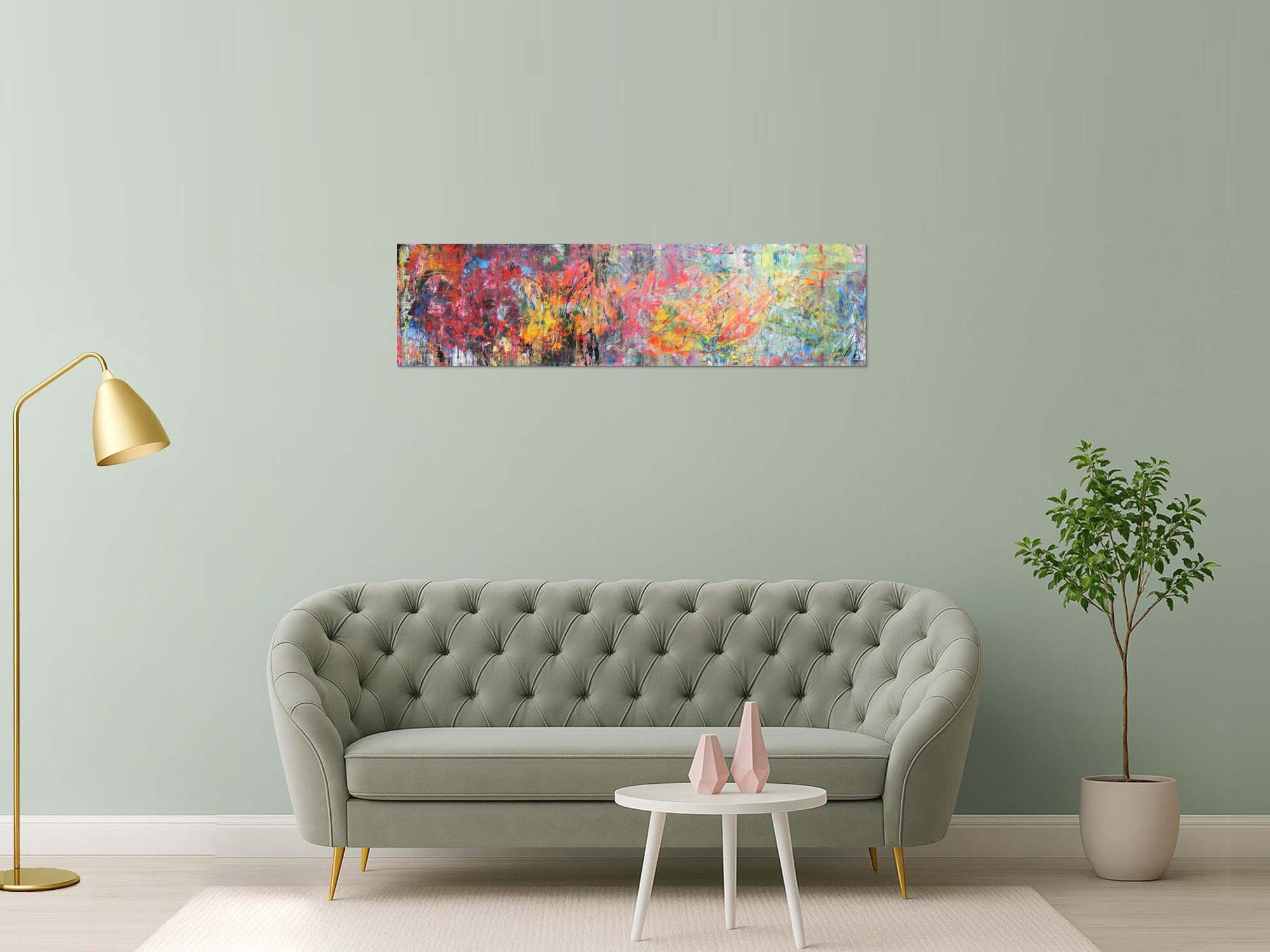 Abstraktes Gemälde Acrylbild Mischtechnik sehr bunt modern Panorama Format