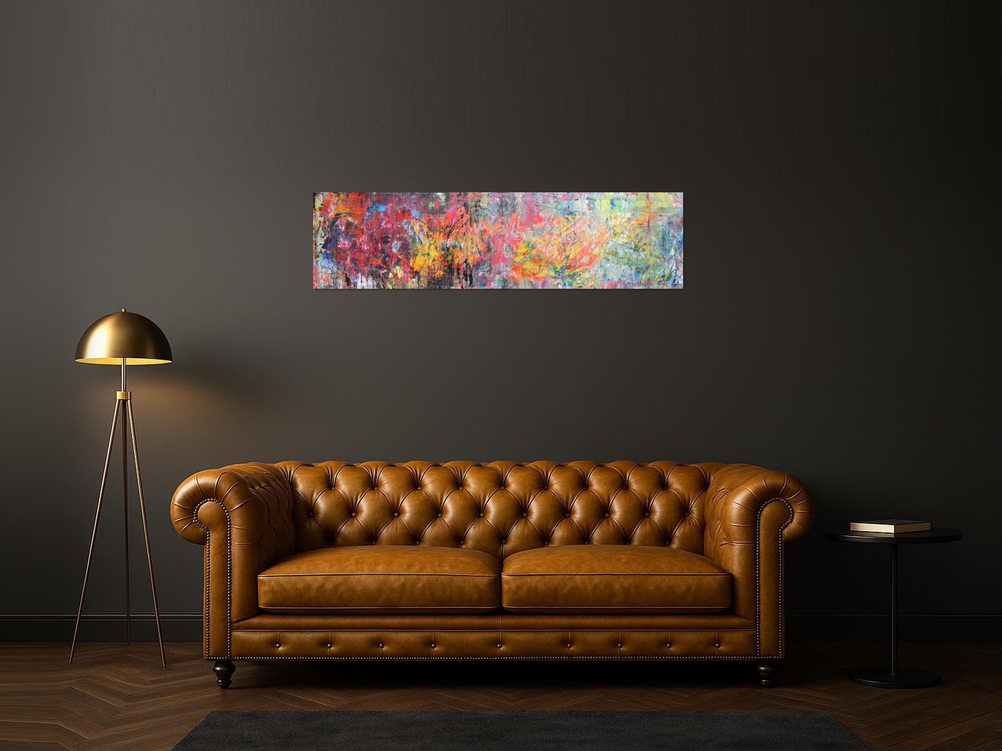 Abstraktes Gemälde Acrylbild Mischtechnik sehr bunt modern Panorama Format