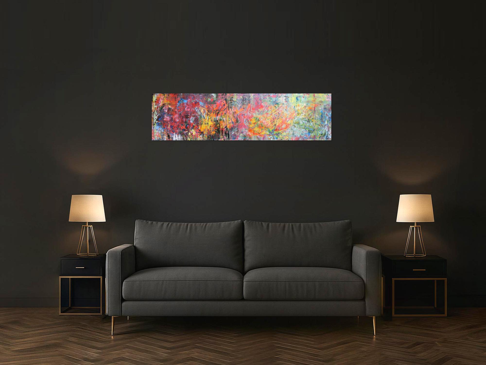 Abstraktes Gemälde Acrylbild Mischtechnik sehr bunt modern Panorama Format