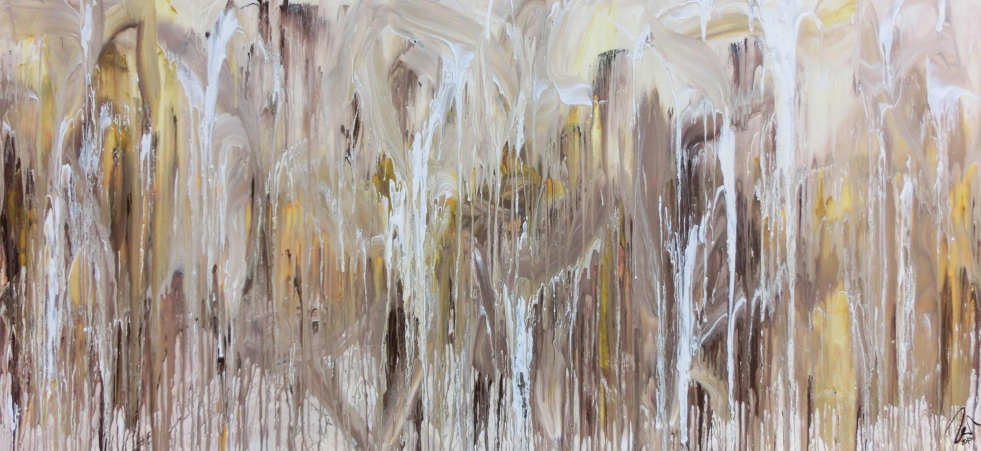 Abstraktes Acrylbild Fliesstechnik sehr modern helle mediterrane Farben weiß beige braun