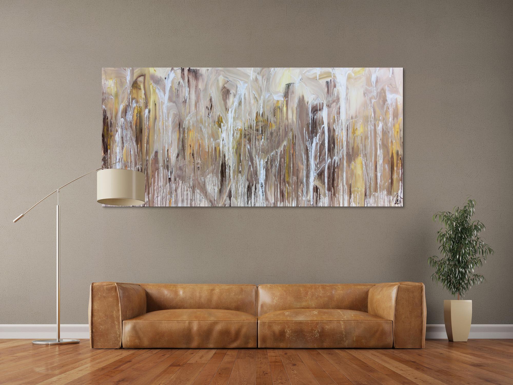 Abstraktes Acrylbild Fliesstechnik sehr modern helle mediterrane Farben weiß beige braun