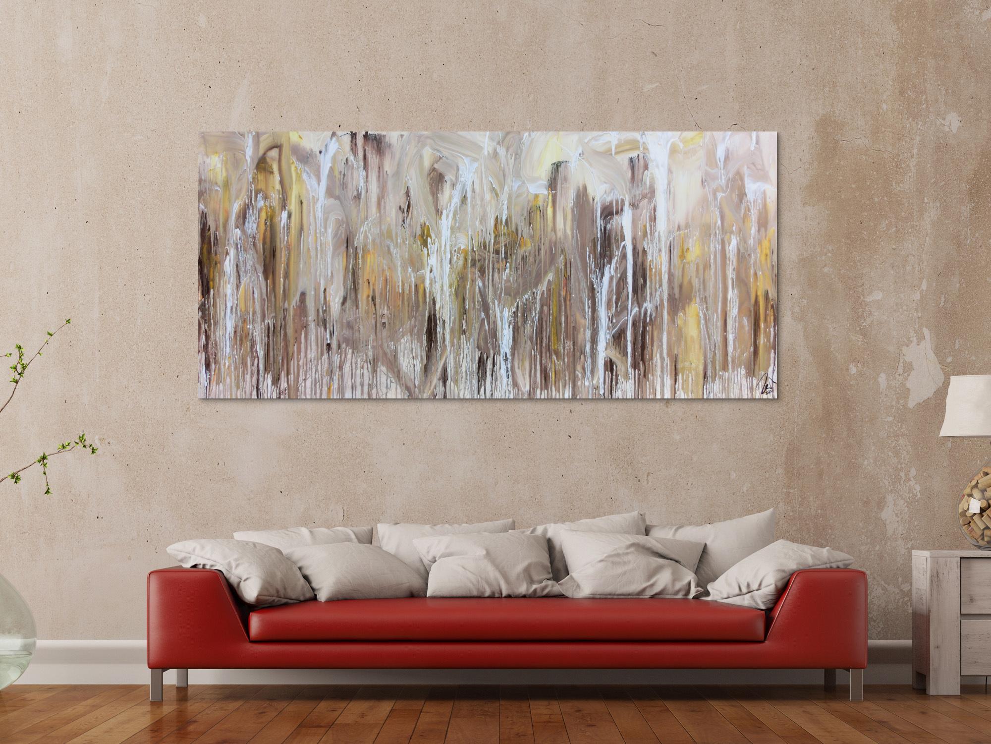 Abstraktes Acrylbild Fliesstechnik sehr modern helle mediterrane Farben weiß beige braun