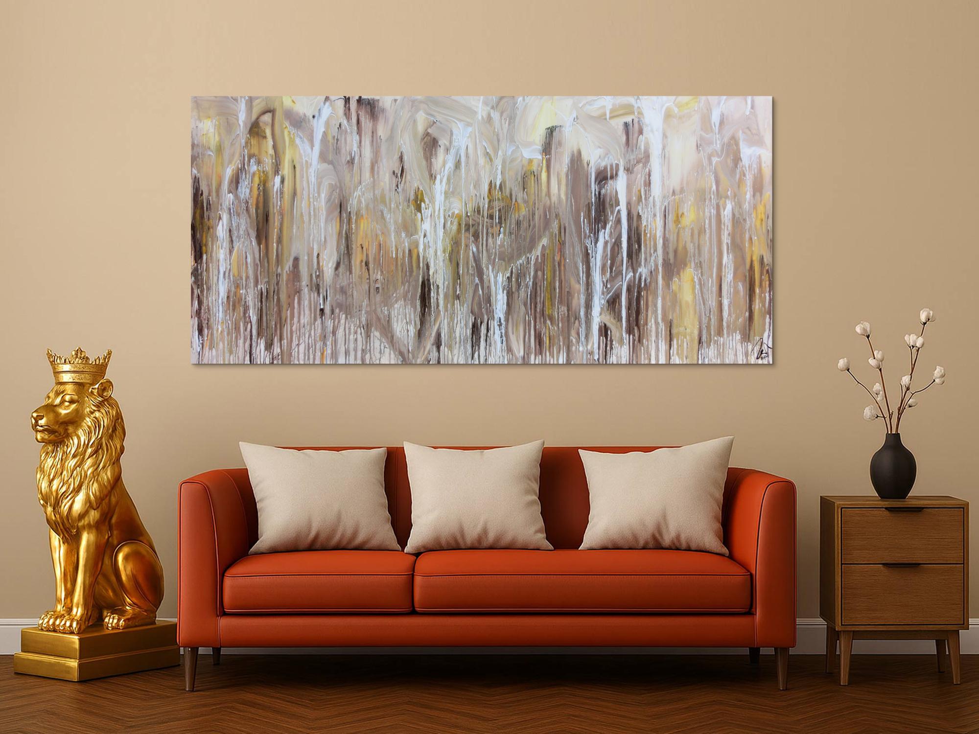 Abstraktes Acrylbild Fliesstechnik sehr modern helle mediterrane Farben weiß beige braun