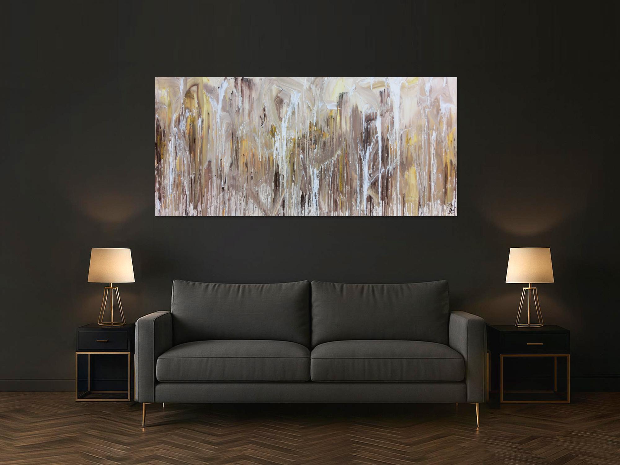 Abstraktes Acrylbild Fliesstechnik sehr modern helle mediterrane Farben weiß beige braun