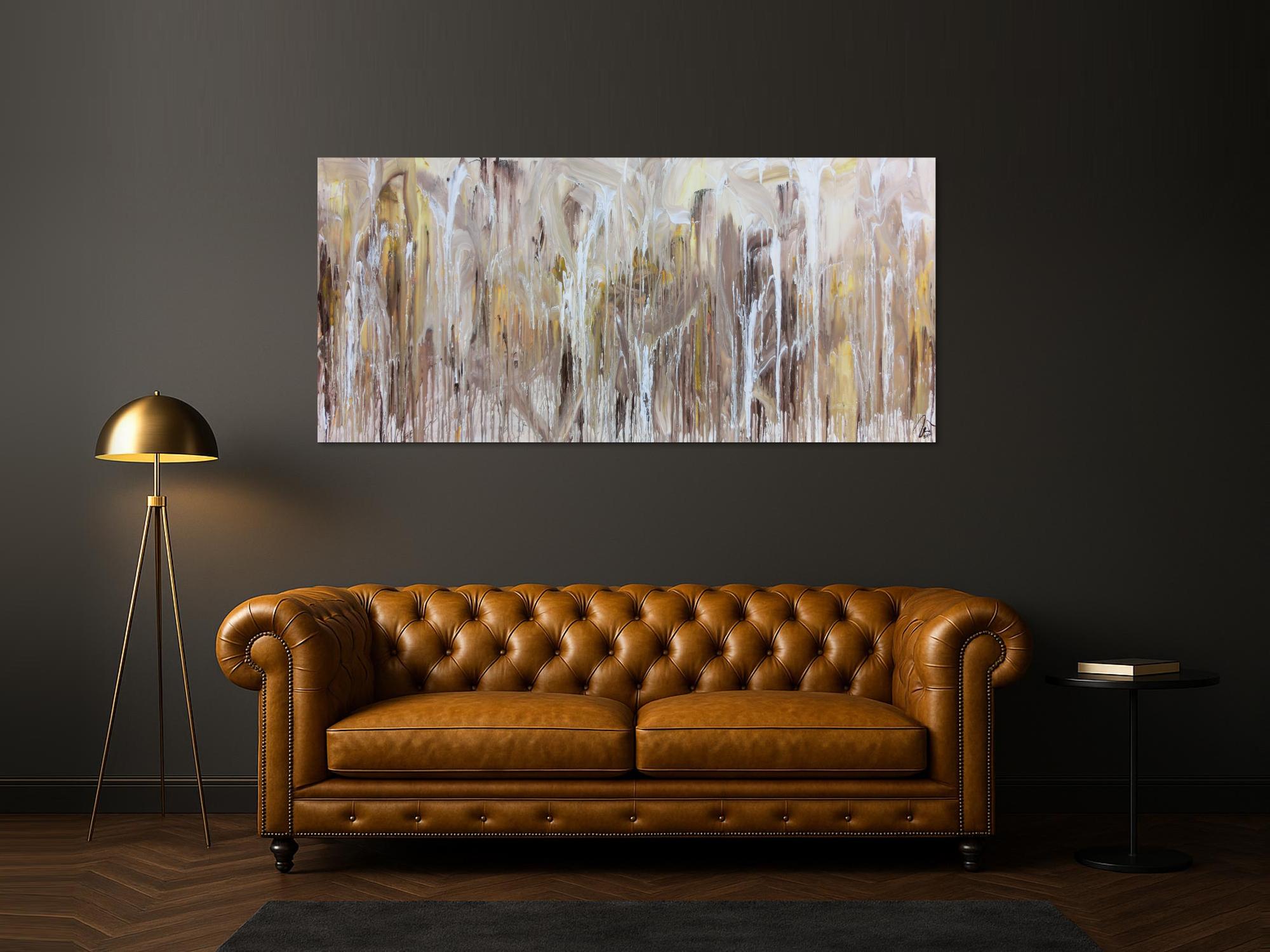 Abstraktes Acrylbild Fliesstechnik sehr modern helle mediterrane Farben weiß beige braun