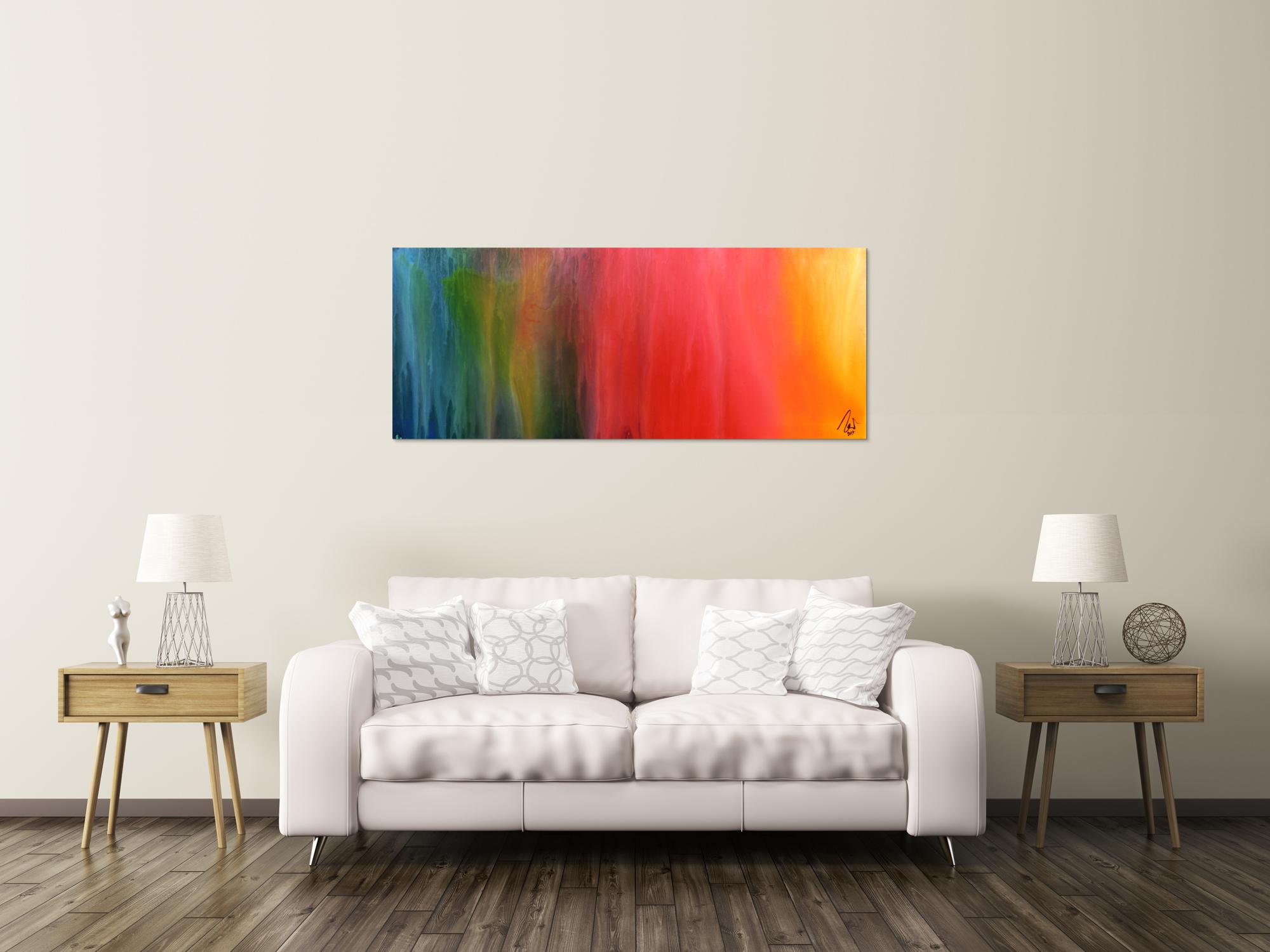 Abstraktes Gemälde sehr bunt modern in Fliesstechnik viele Farben