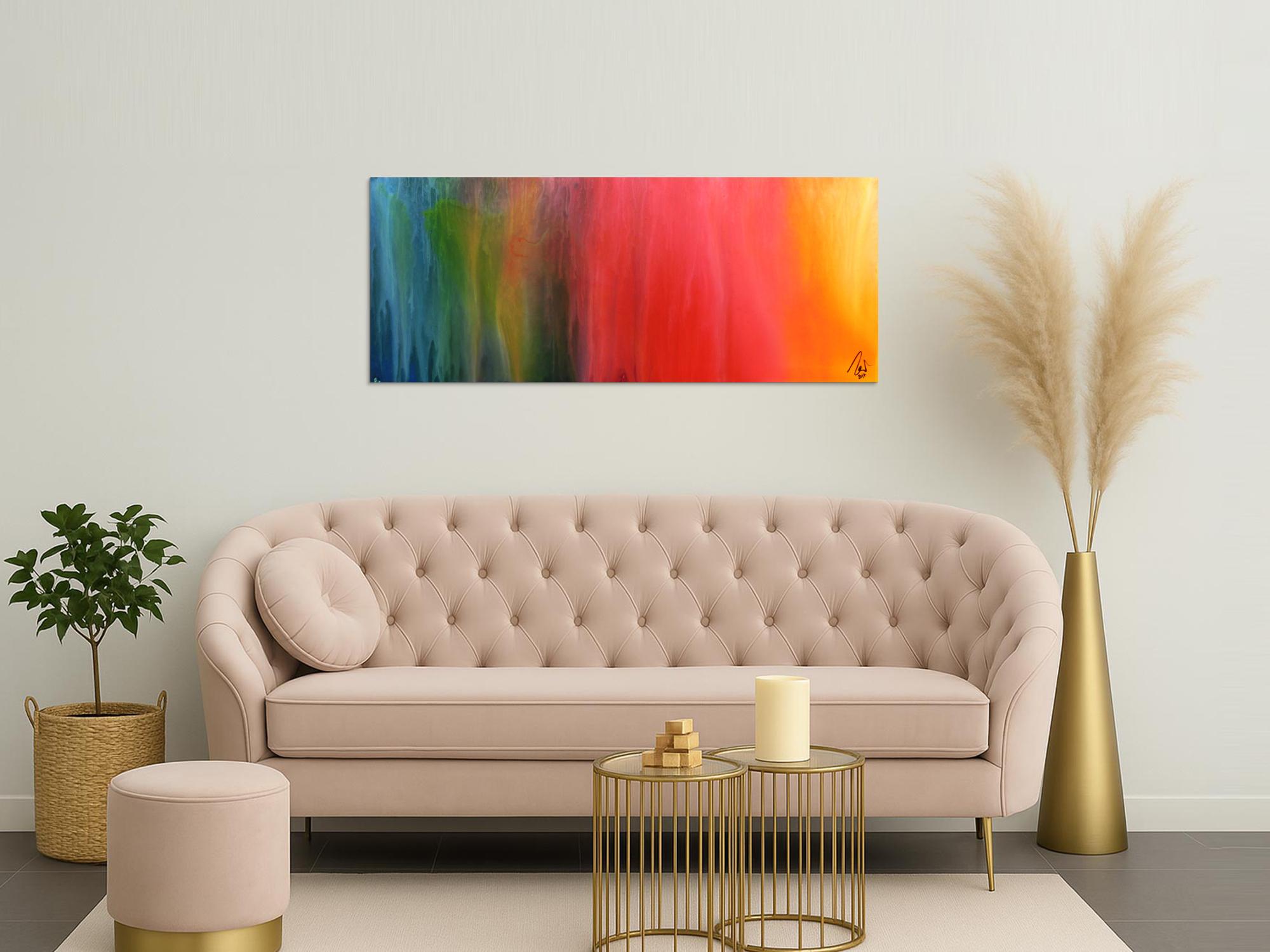 Abstraktes Gemälde sehr bunt modern in Fliesstechnik viele Farben