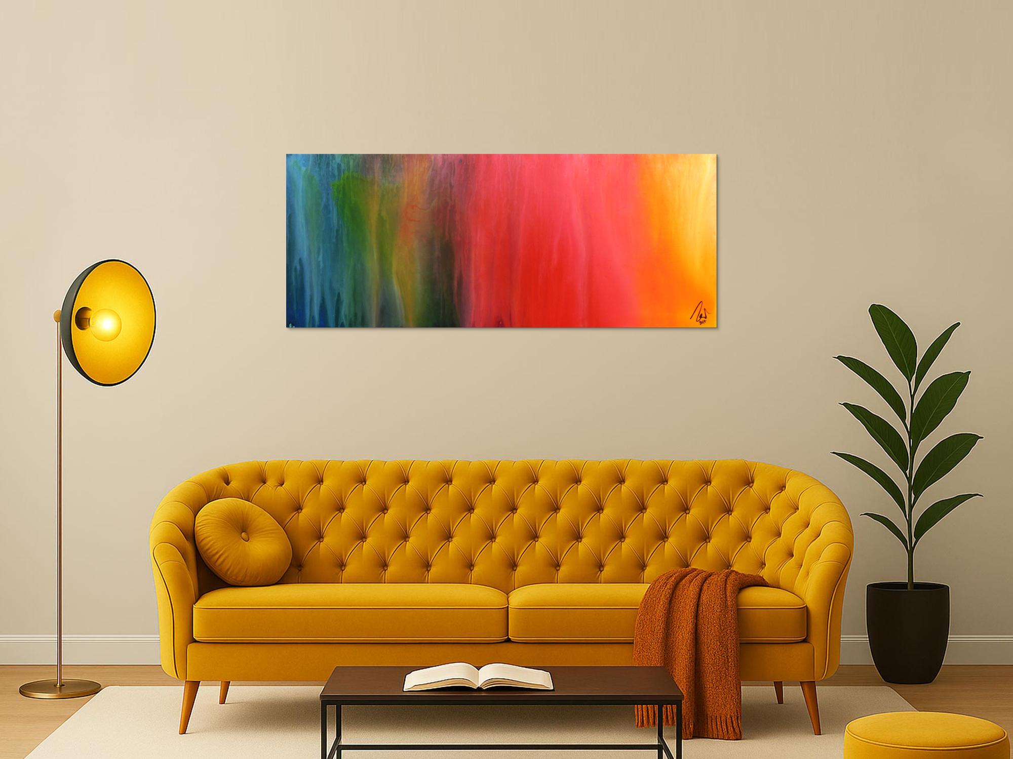 Abstraktes Gemälde sehr bunt modern in Fliesstechnik viele Farben