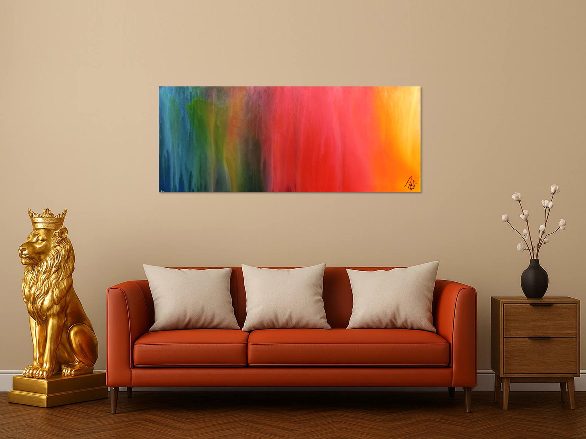 Abstraktes Gemälde sehr bunt modern in Fliesstechnik viele Farben