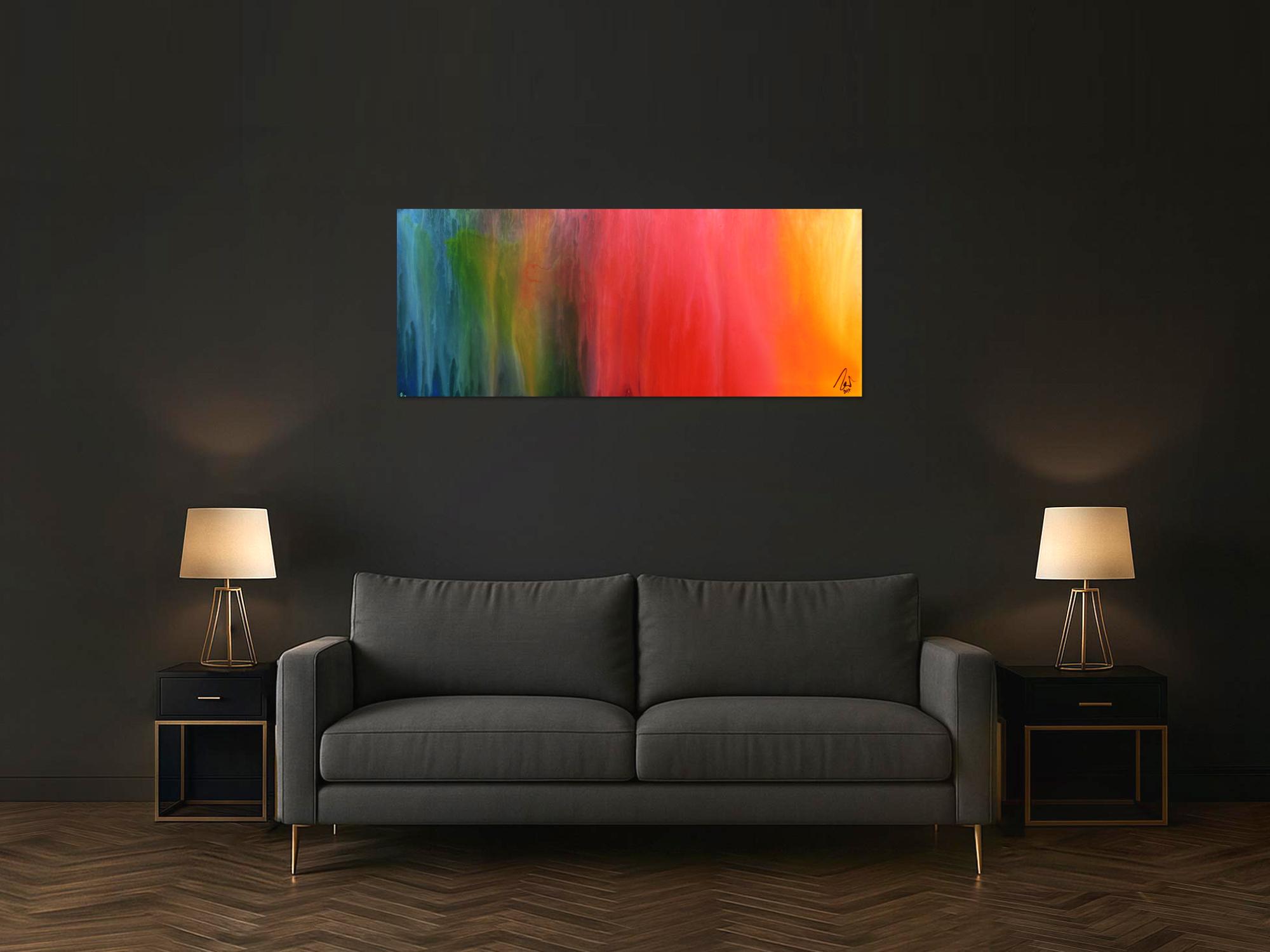 Abstraktes Gemälde sehr bunt modern in Fliesstechnik viele Farben