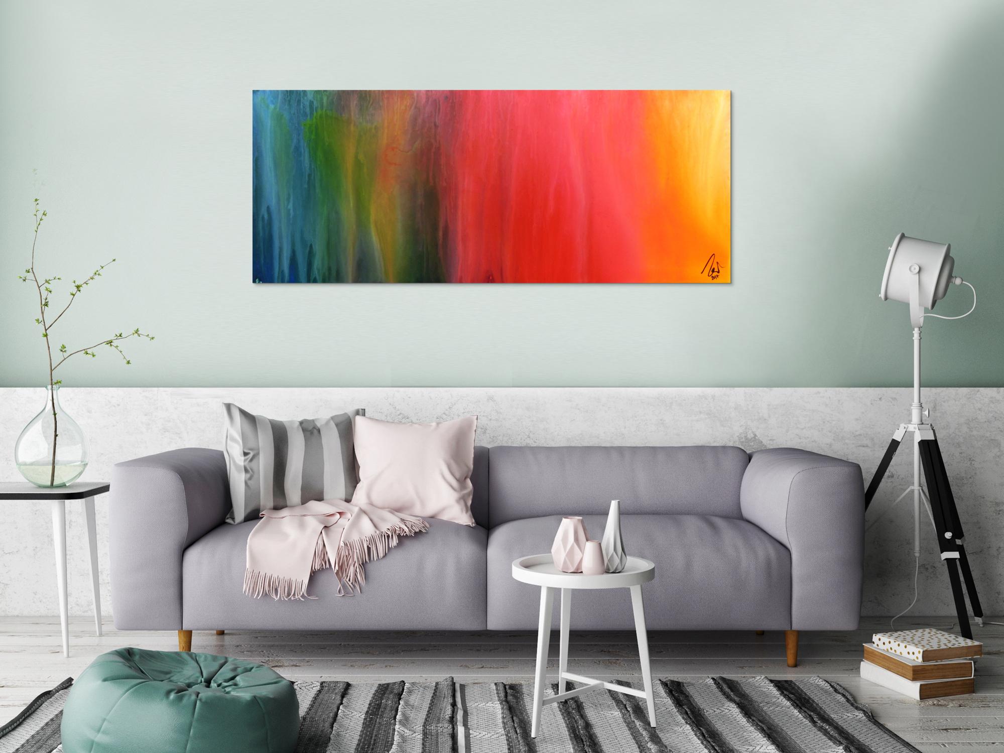 Abstraktes Gemälde sehr bunt modern in Fliesstechnik viele Farben