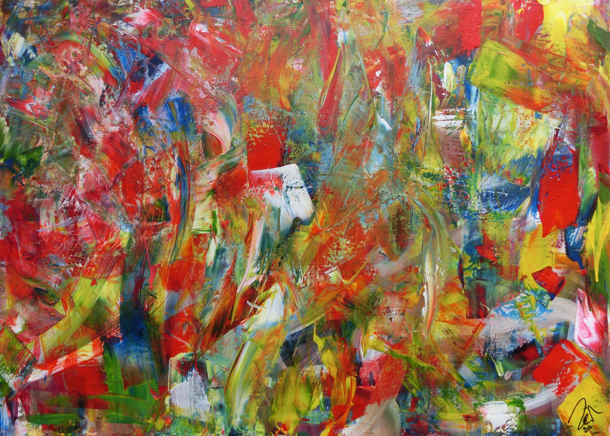 Abstraktes Acrylbild sehr bunt modern Mischtechnik sehr viele Farben gespachtelt