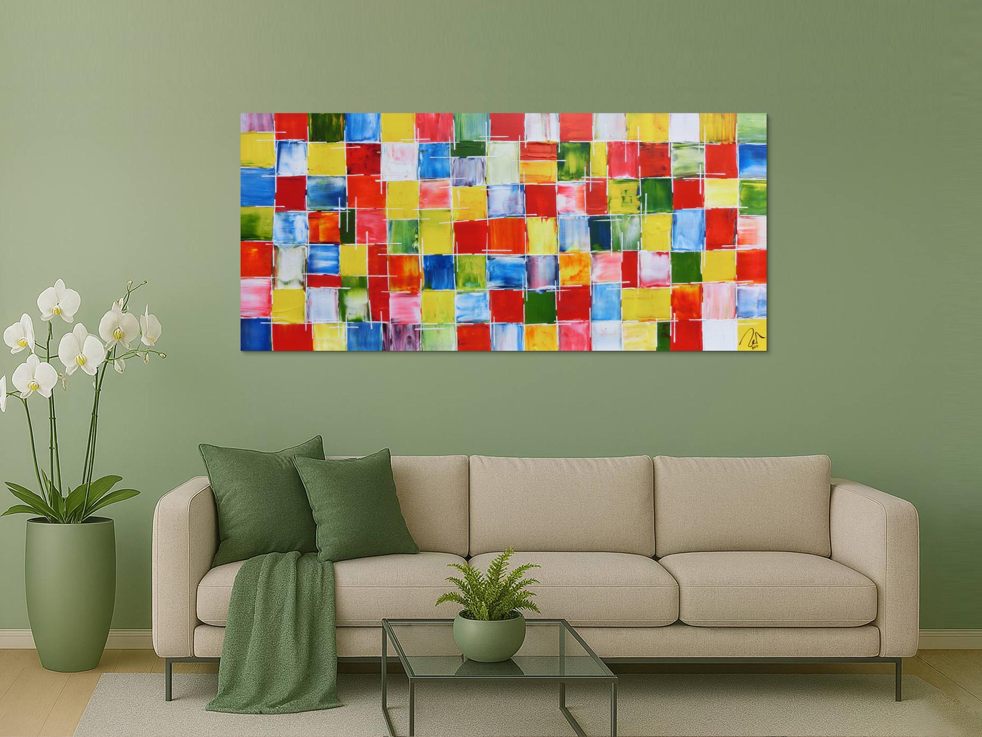 Abstraktes Acrylbild sehr bunt farbige Kacheln bunte Flächen modern und zeitgenössisch