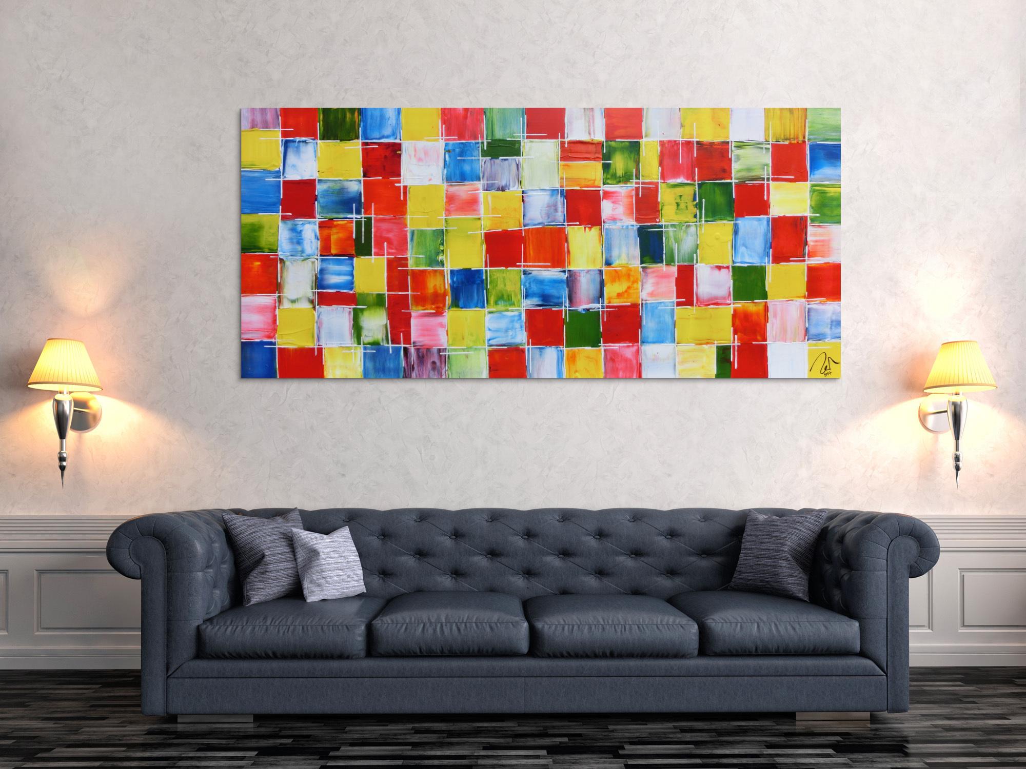 Abstraktes Acrylbild sehr bunt farbige Kacheln bunte Flächen modern und zeitgenössisch