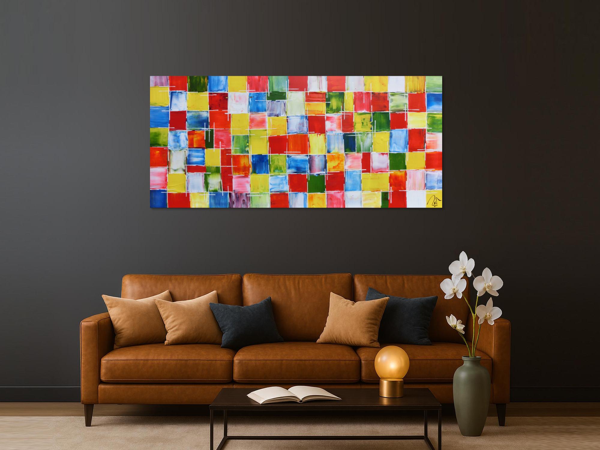 Abstraktes Acrylbild sehr bunt farbige Kacheln bunte Flächen modern und zeitgenössisch