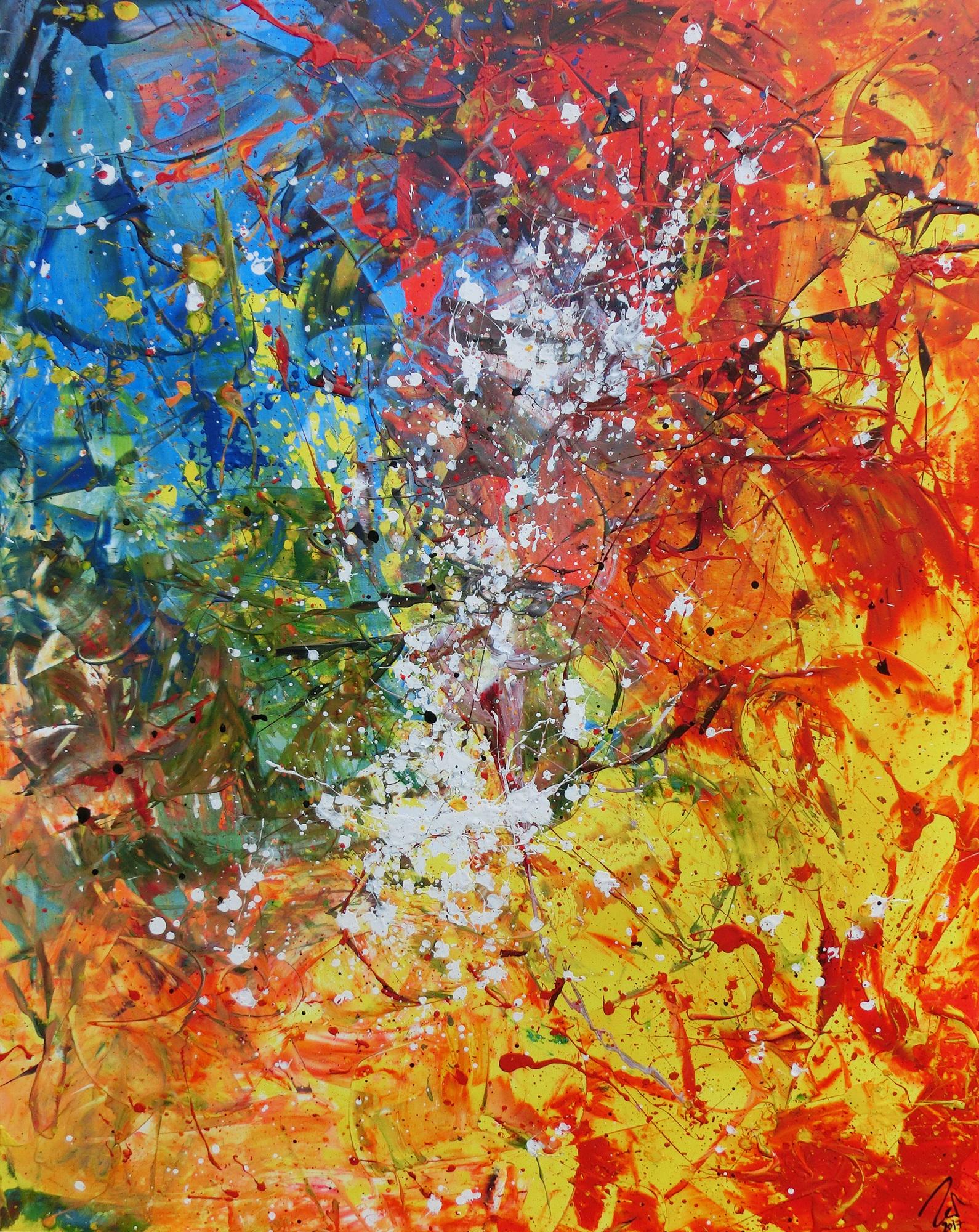 Abstraktes Acrylbild sehr bunt Action Painting und Spachteltechnik modern