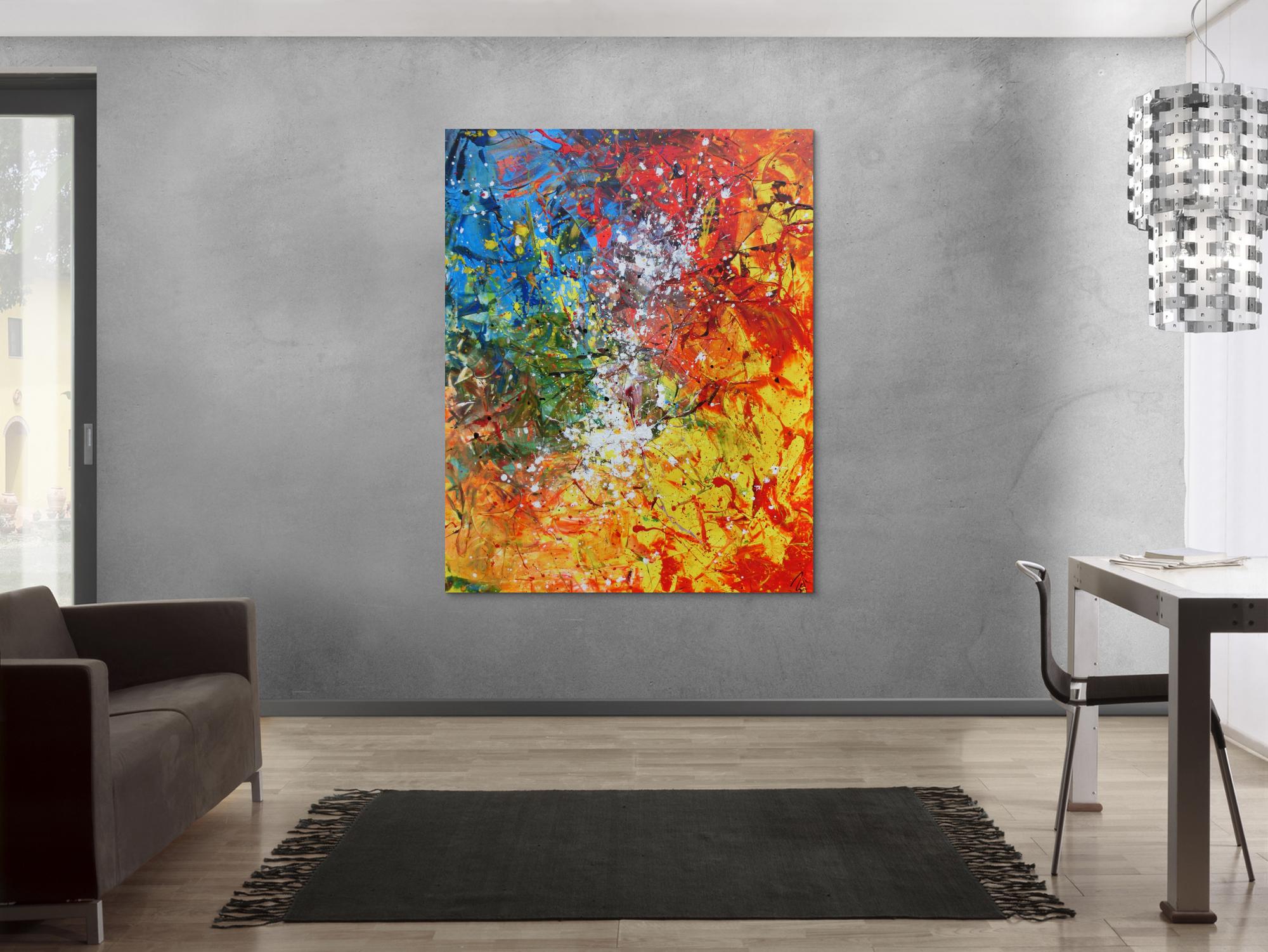 Abstraktes Acrylbild sehr bunt Action Painting und Spachteltechnik modern