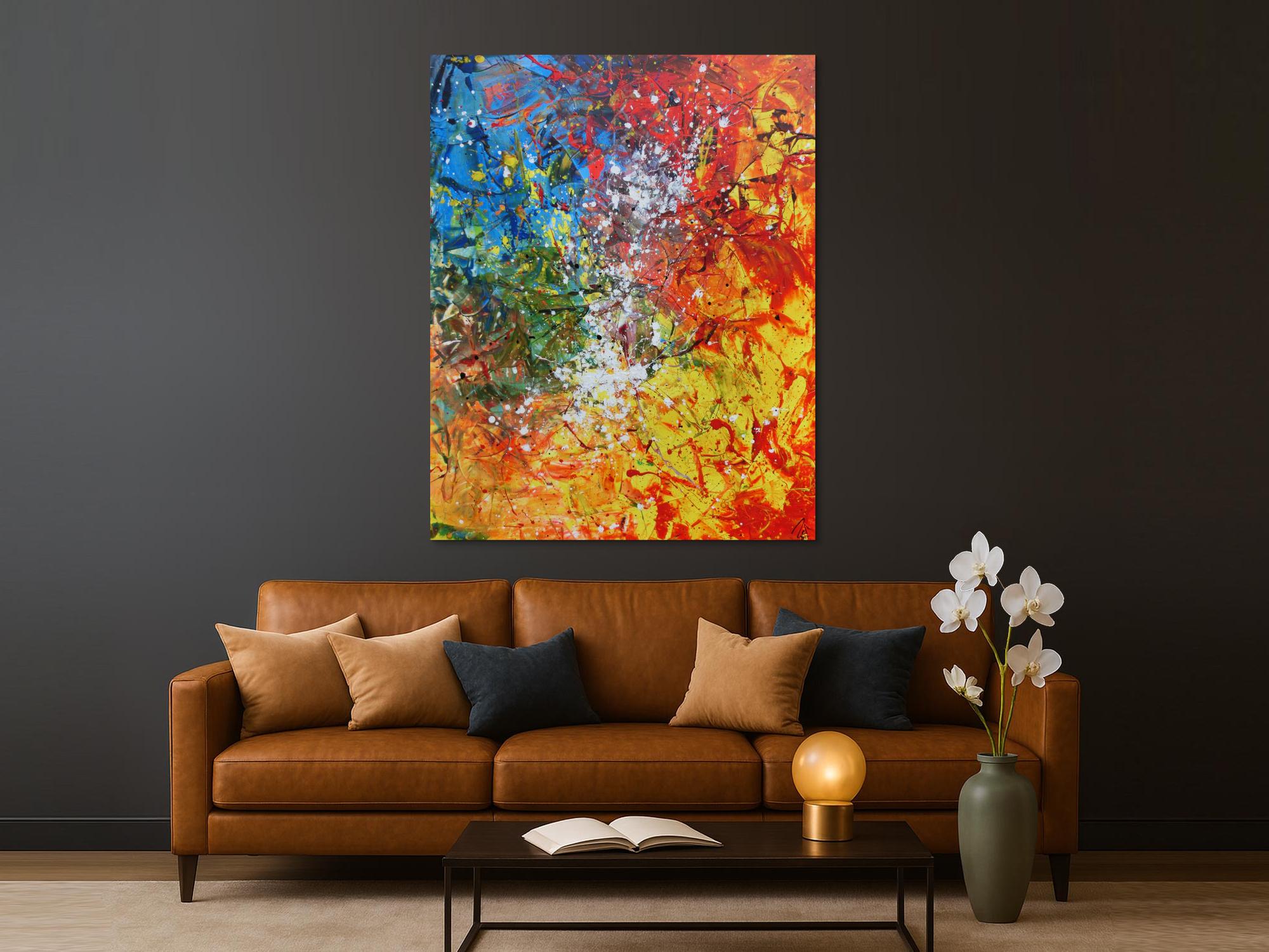 Abstraktes Acrylbild sehr bunt Action Painting und Spachteltechnik modern