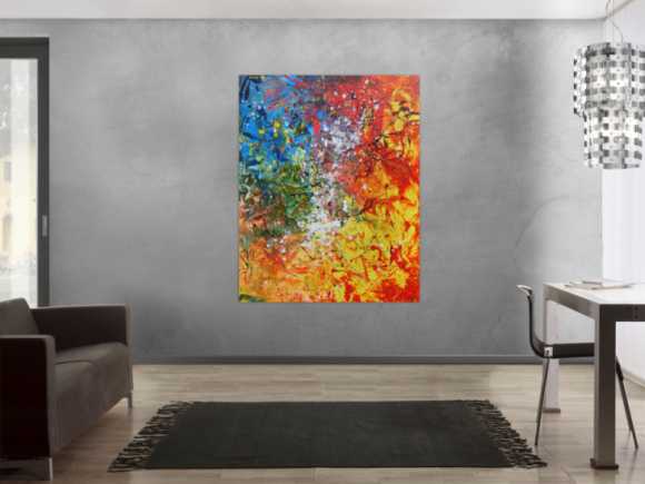 Abstraktes Acrylbild sehr bunt Action Painting und Spachteltechnik modern
