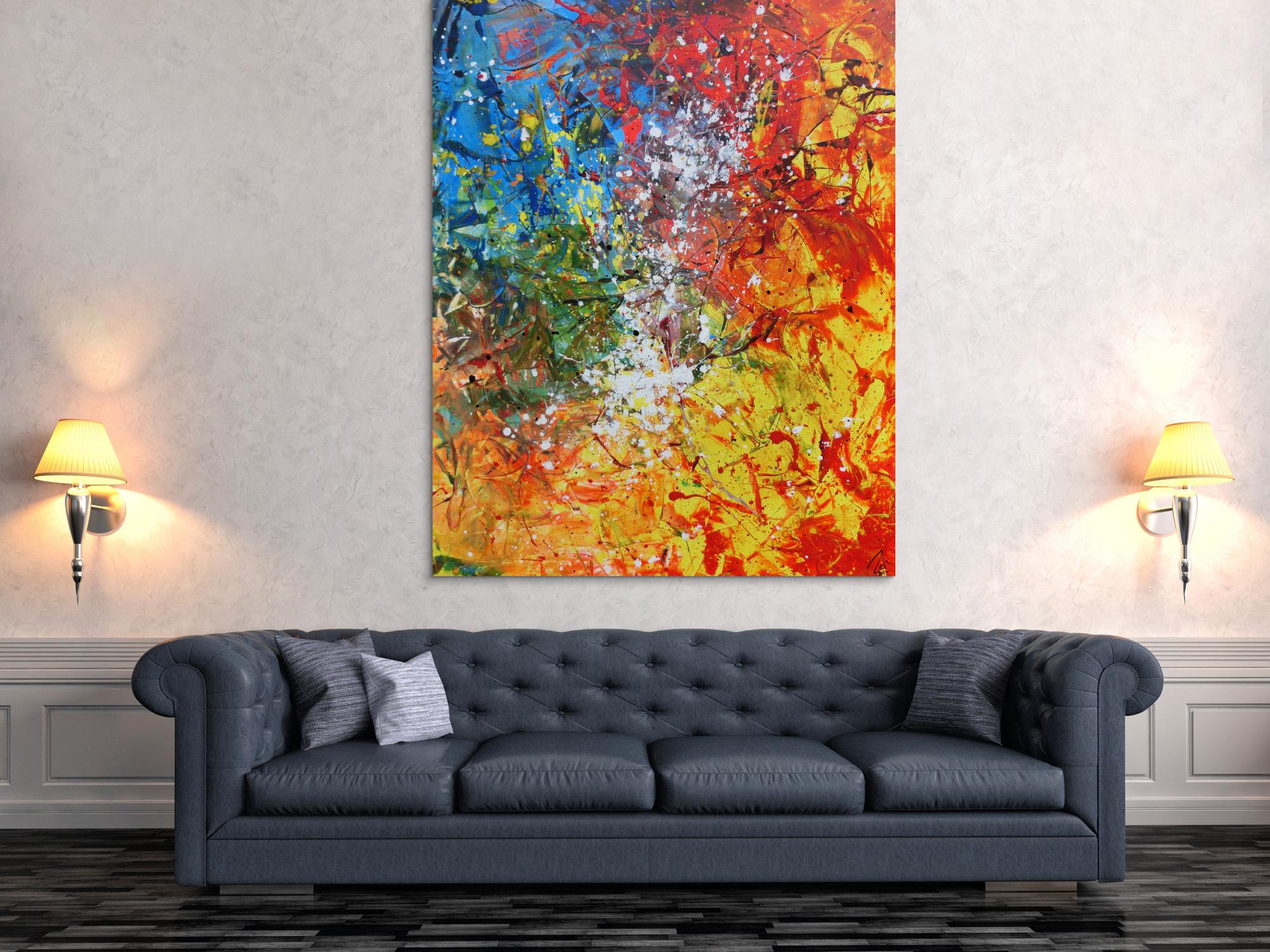 Abstraktes Acrylbild sehr bunt Action Painting und Spachteltechnik modern