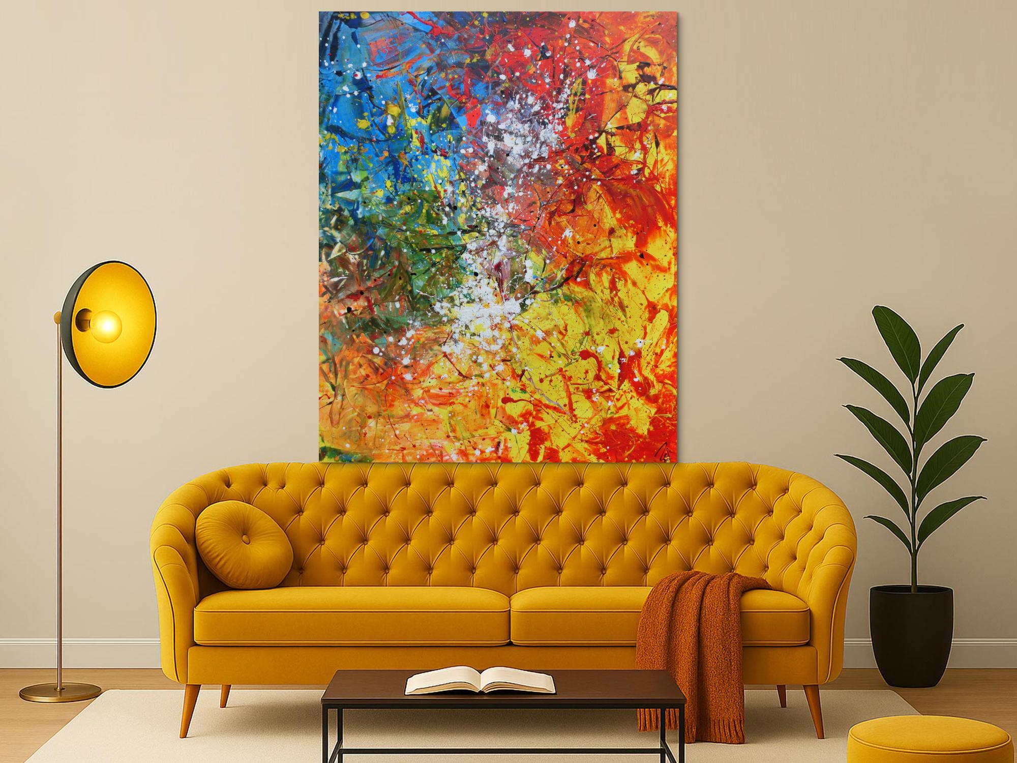 Abstraktes Acrylbild sehr bunt Action Painting und Spachteltechnik modern