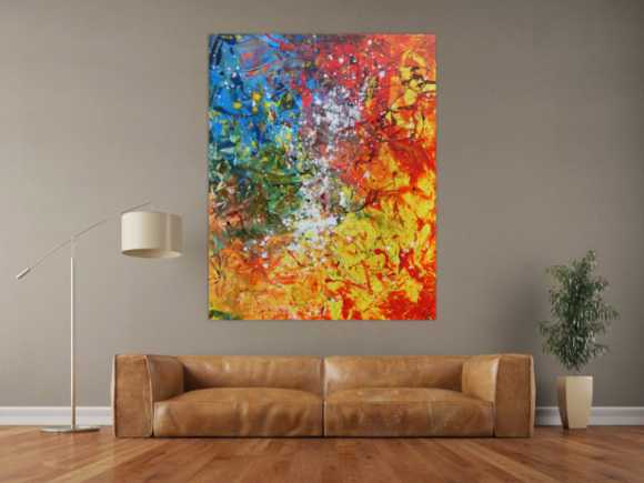 Abstraktes Acrylbild sehr bunt Action Painting und Spachteltechnik modern