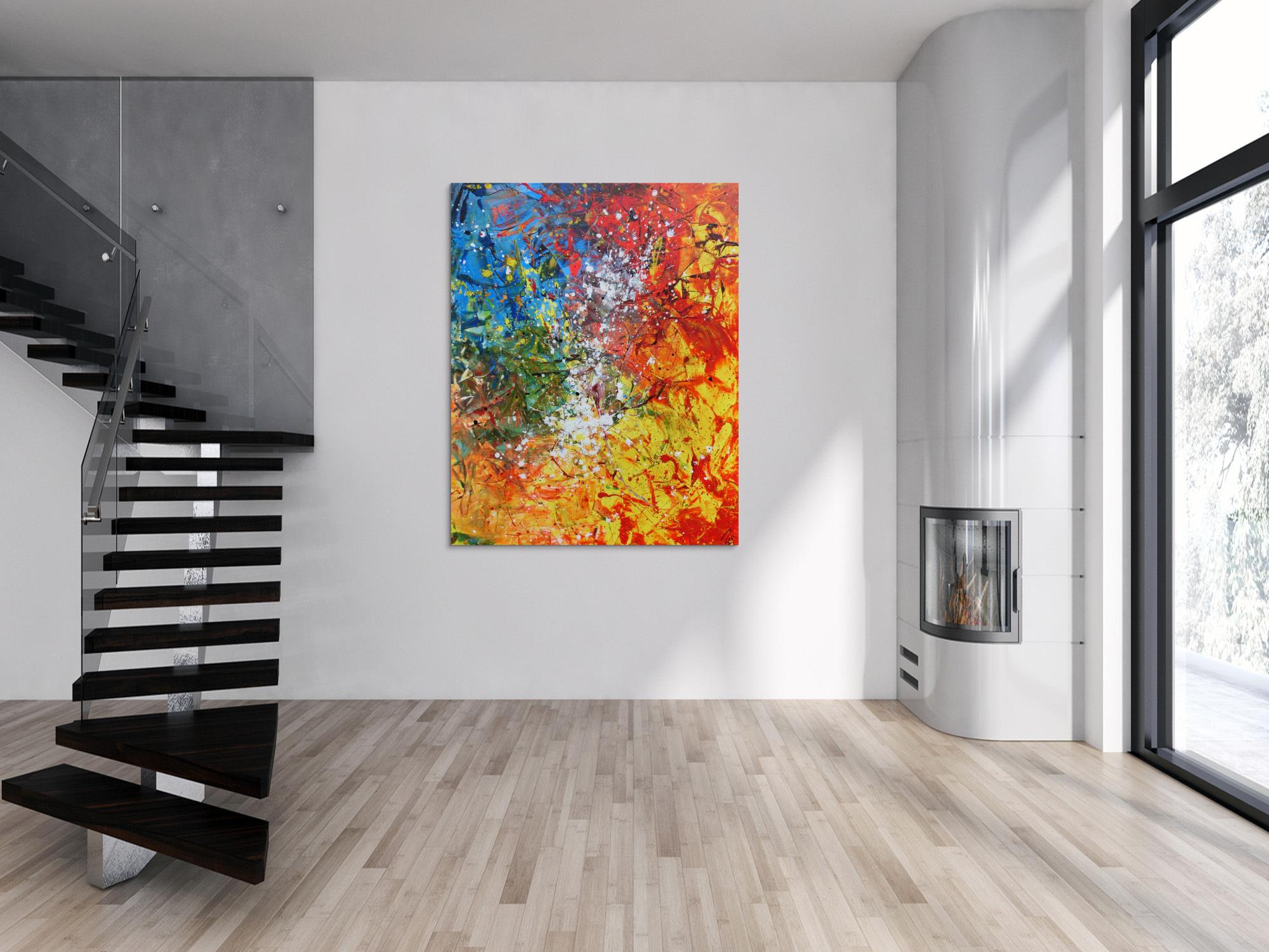 Abstraktes Acrylbild sehr bunt Action Painting und Spachteltechnik modern