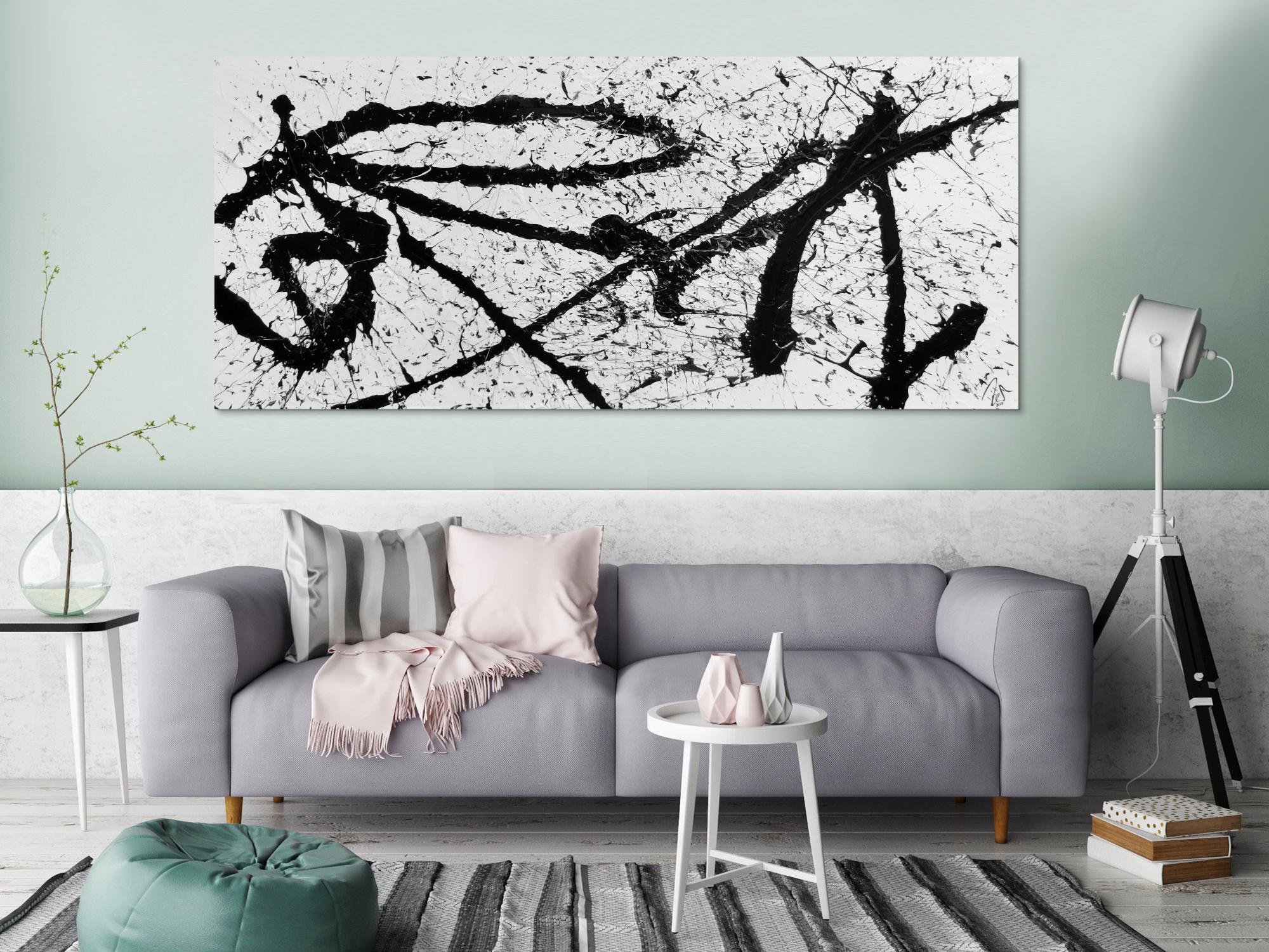 Abstraktes Gemälde schwarz weiß minimalistisch modern schlicht Action Painting