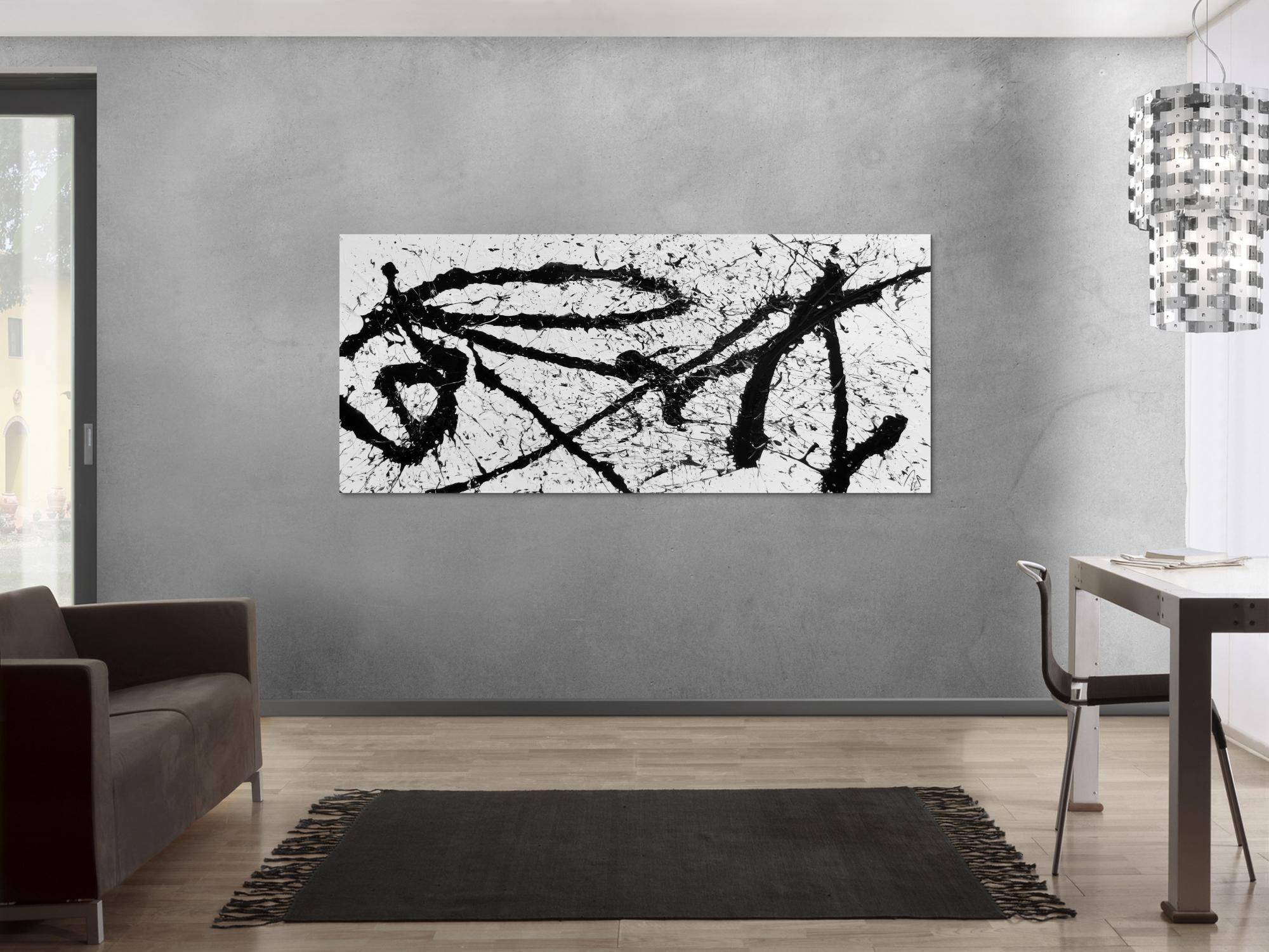 Abstraktes Gemälde schwarz weiß minimalistisch modern schlicht Action Painting